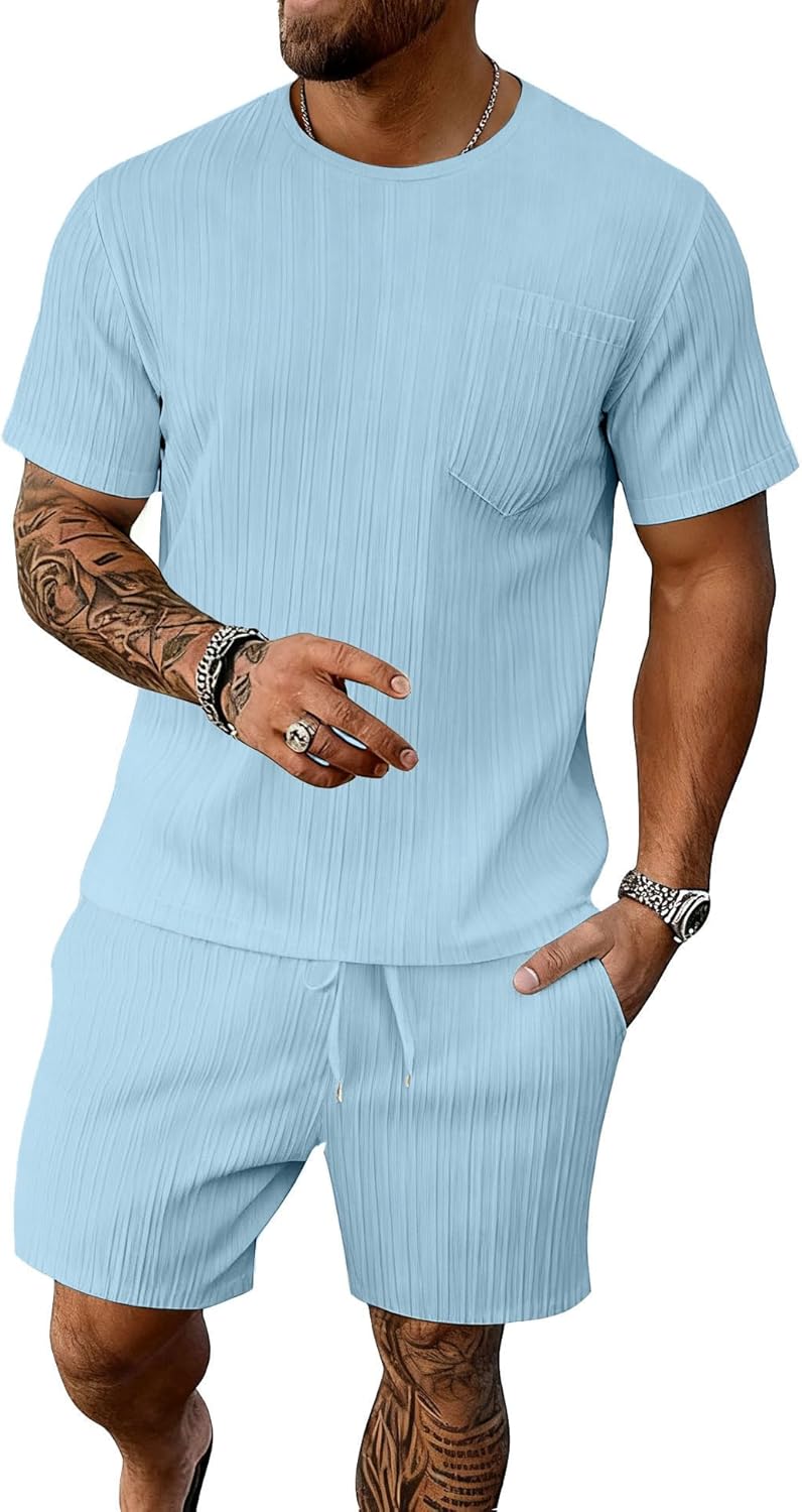 Bealin Men's Summer Beach Outfits 2 Piece Vintage Short Sleeve T Shirts and Shorts Vacation Texture Sets