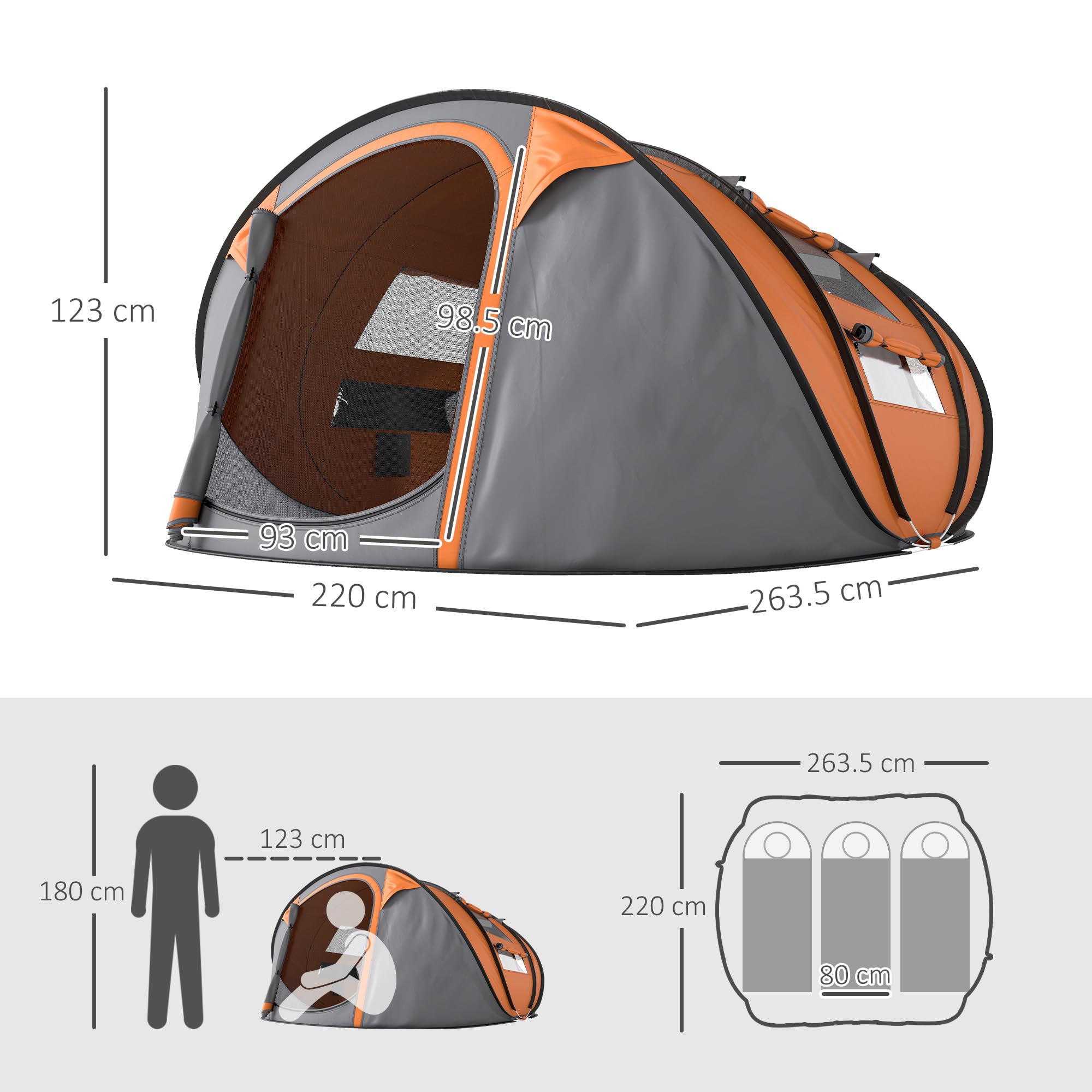 Outsunny Tenda da Campeggio Pop Up 4 Persone 2000mm Anti UV 20+ 263.5x220x123 cm Arancione