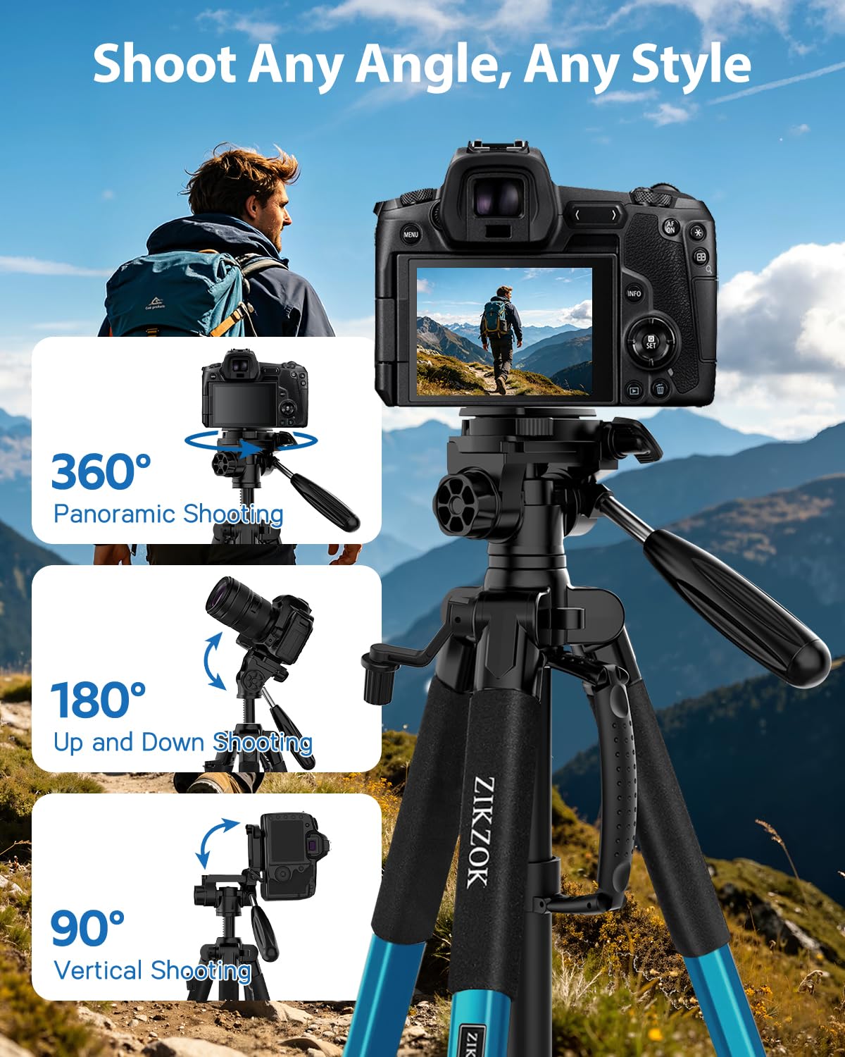Treppiede da 190,5 cm, telecomando Bluetooth, carico max 6,8 kg, da viaggio, in alluminio per DSLR/telefono/tablet/proiettore, testa panoramica a 3 vie, piastra a sgancio rapido, pieghevole (blu)