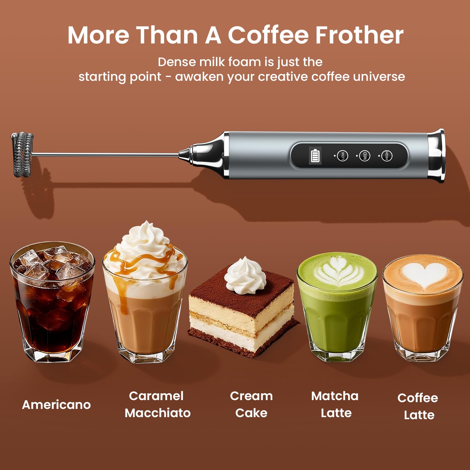 YUSWKO Varita espumadora de leche plateada para café con soporte, espumador de café de mano, mezclador de bebidas recargable, batidor eléctrico impermeable