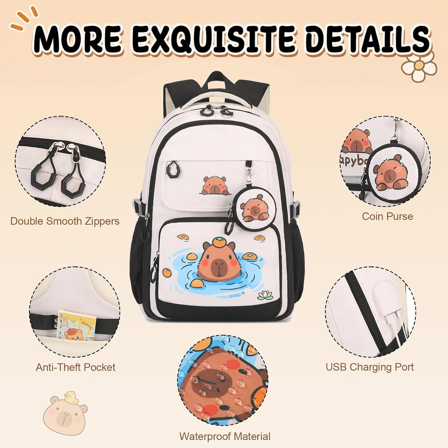 Capybara Theme Backpack Girls Lunch Box