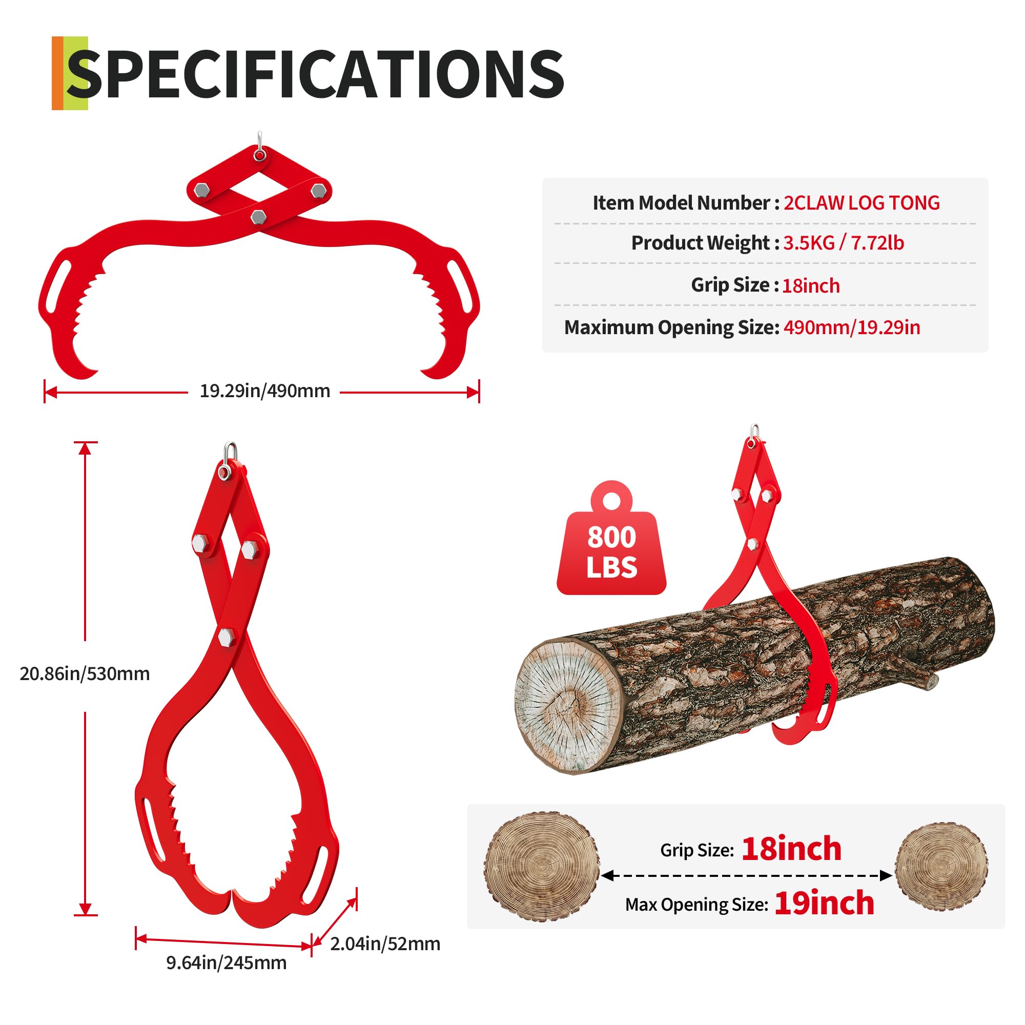 Pinza Sollevamento Tronchi - Doppia Zampa Dentata, 2200 lbs, Ganasce in Acciaio Pesante con Manici - Ideale per Trattori e Camion - Per Trascinamento Legna - 18 inches