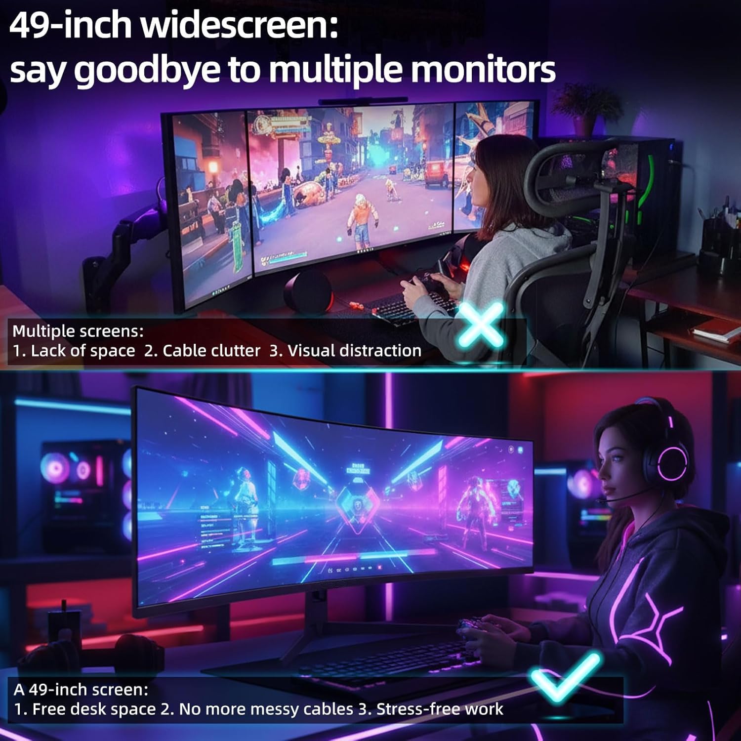 Monitor Gaming Curvo Ultrawide da 49" (1500R), DQHD 5120×1440, 165Hz/1ms, FreeSync, sRGB 120%, altezza regolabile, HDMI 2.1/DP 1.4, compatibile con VESA