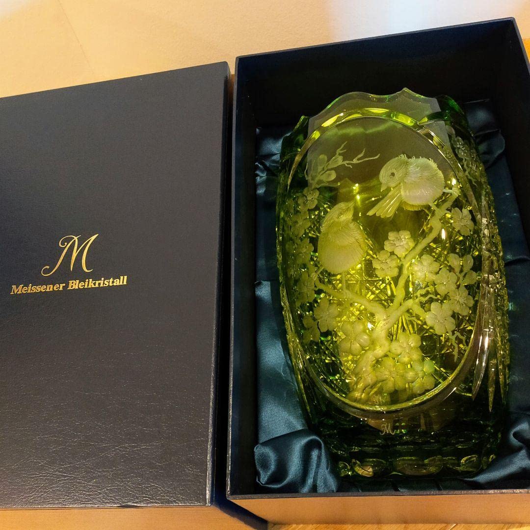 マイセン　花瓶　梅とメジロ　色被せ花瓶　ライトグリーン　#157 マイセン花瓶梅とメジロ色被せ花瓶ライトグリーン#157