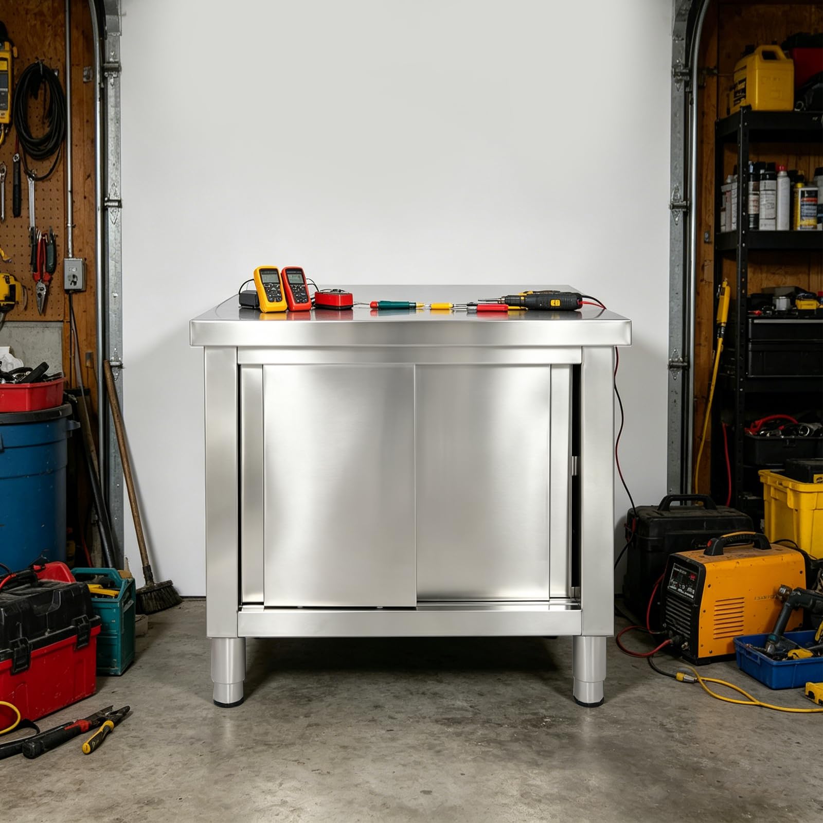 Arbeitstisch aus Edelstahl mit Schrank, 80 cm, 75 kg Tragkraft