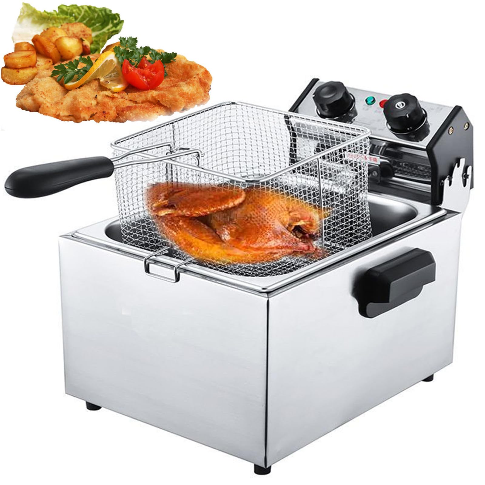 HCZKIUJY Electric Deep Fat Fryers,Large Stainless Steel Commercial Chip Pans, No Fumes Fryer With Baskets Lids, For French Fries Chicken Shrimp (6L)