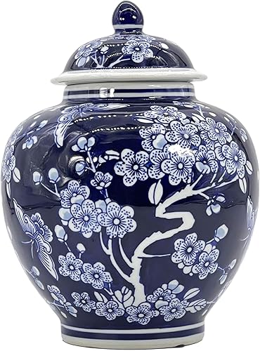 Galt International Tarro de jengibre chinoiserie floral azul oscuro de 10 pulgadas con tapa, tarro de jengibre, almacenamiento de té, decorativo