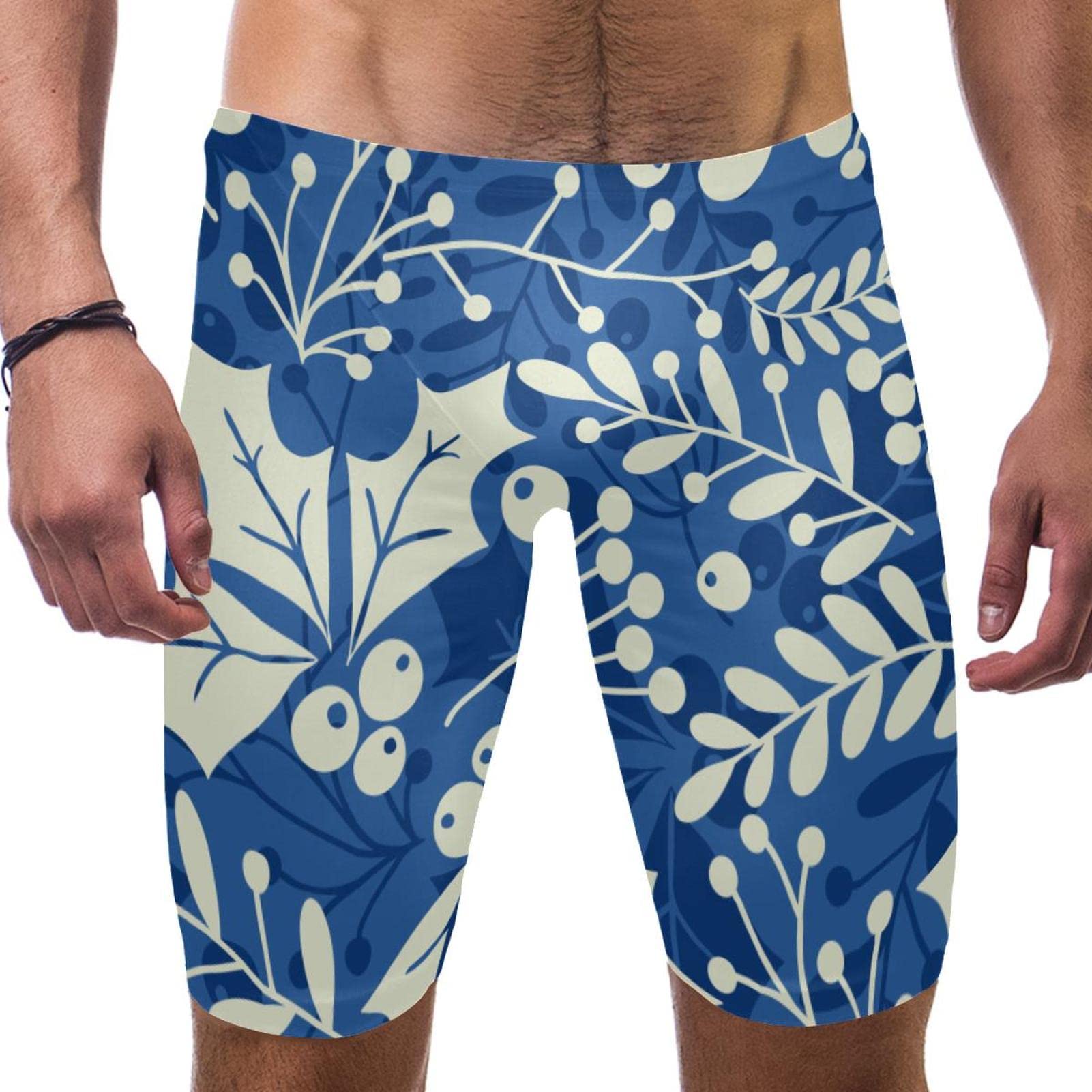 Traje de baño para hombre con estampado multicolor de hojas de acebo azules 7