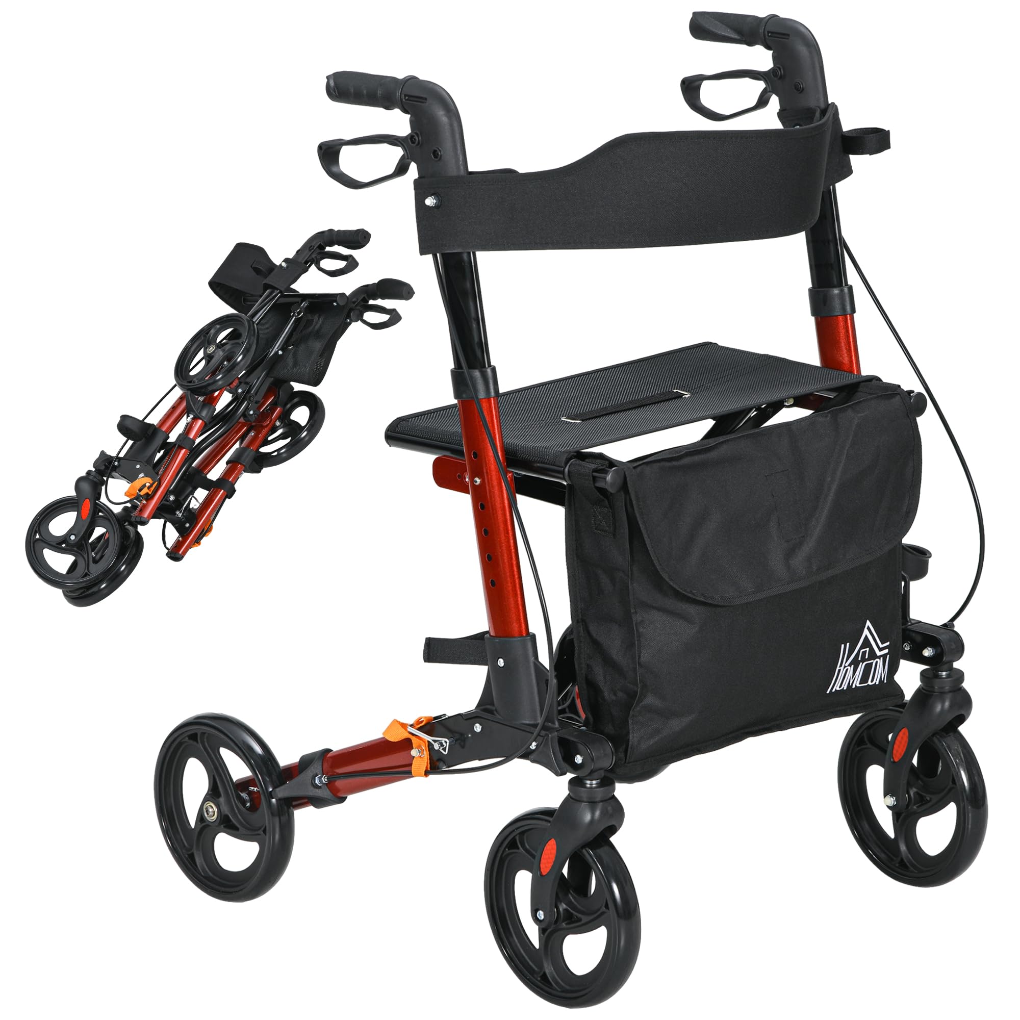 HOMCOM 4 Wheel Rollator Walker, Adjustable Mobility Walker with Bag, Red