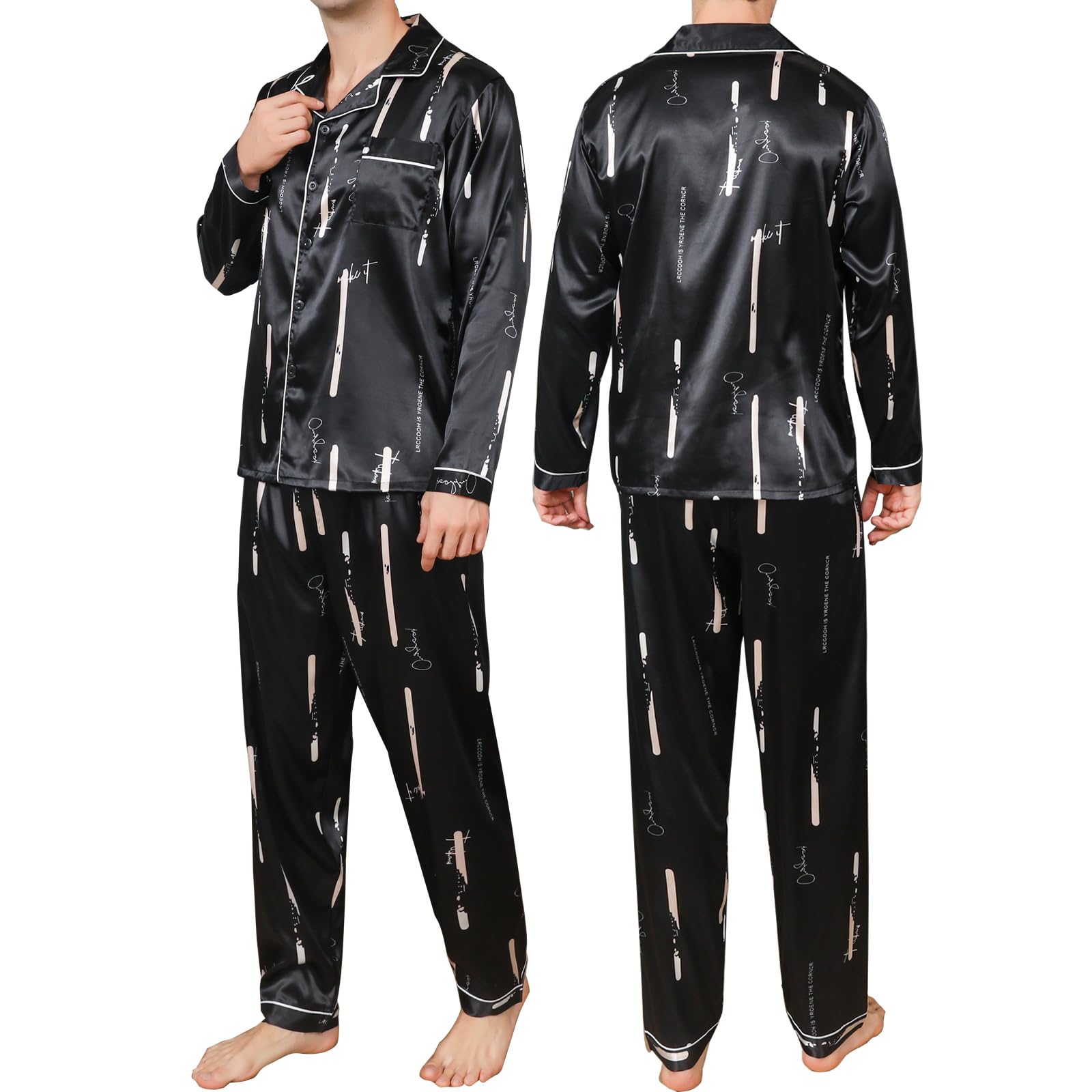 AprBean Satin Silky Men's Pajama Sets Long Sleeve Classic Sleepwear with Pockets Long Pants Lounge Set Pj Set Loungewear