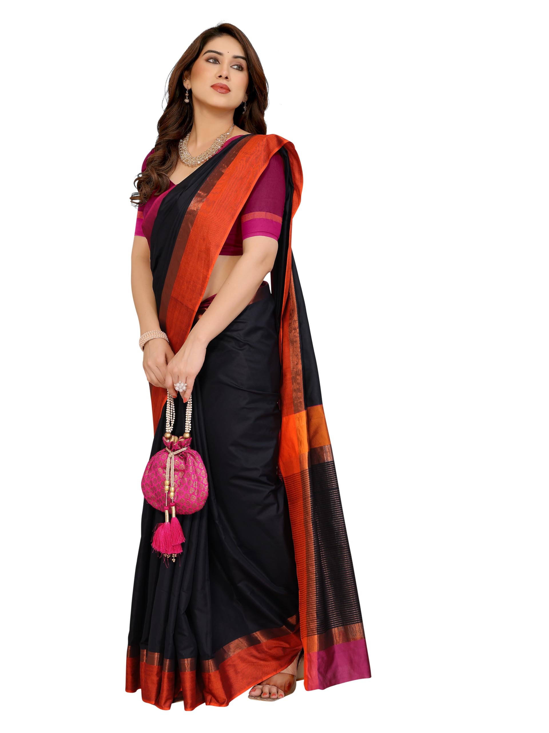 Women Solid Silk Blend Zari Weaving Border Saree With Unstitched Blouse Piece-image-9