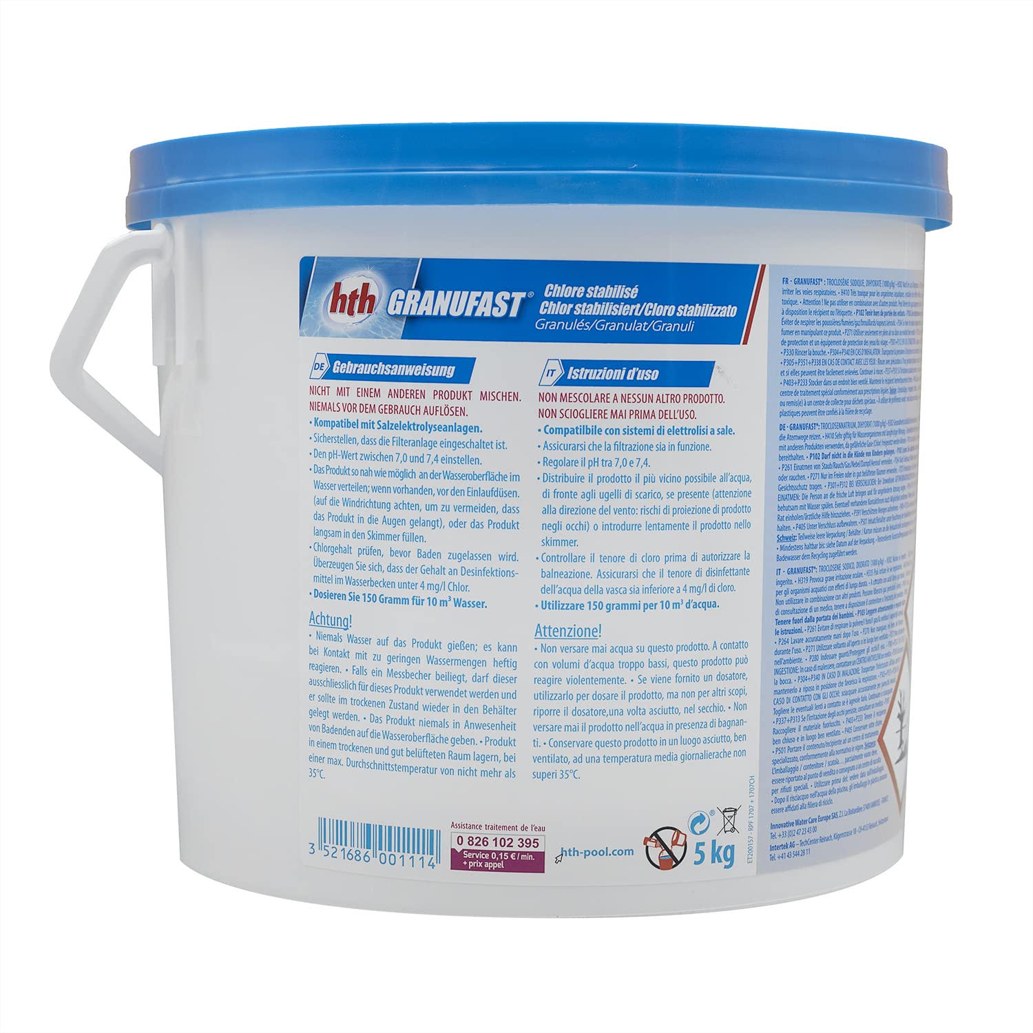 HTH GRANUFAST Granulés - 5kg | Chlore Choc Stabilisé - Désinfection Choc - Dissolution Rapide + 10 Tests HPS OFFERTS 6 en 1