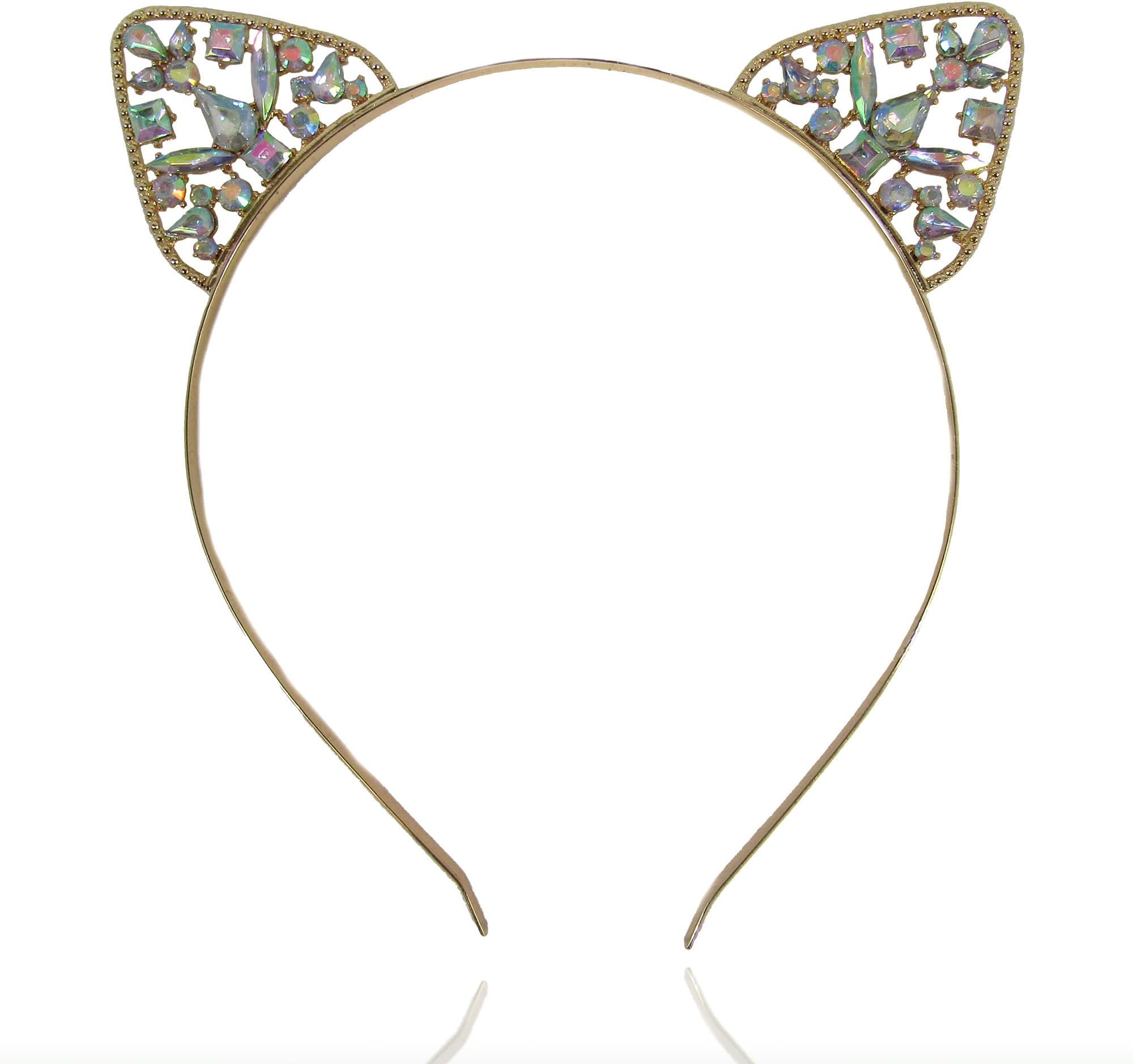 Women or Girls Iridescent Crystal Cat Ears Headband for All Ages (Gold)