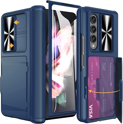 Vihibii Funda para Samsung Galaxy Z Fold 3 con tarjeta de crédito, diseño de soporte y cubierta de cámara deslizante, funda de protección de bisagra