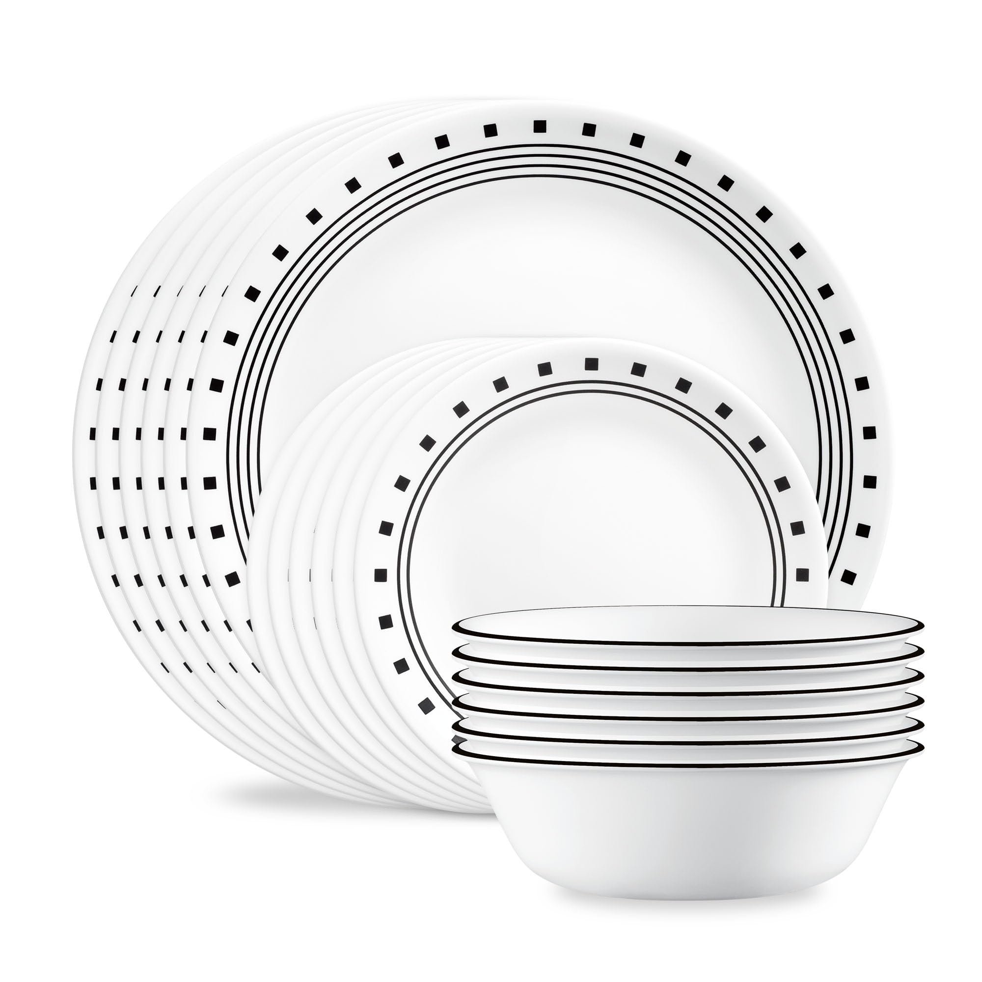 Corelle Juego de vajilla de 18 piezas, bloque de ciudad, servicio en blanco y negro para 6, vajilla resistente a las astillas, incluye platos llanos de 26 cm, platos de ensalada de 17 cm y cuencos de