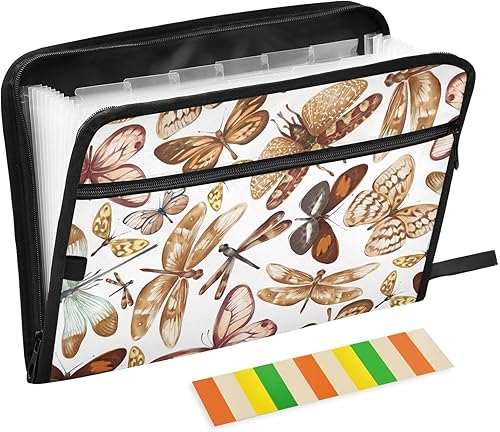 Carpeta de archivos expansible con diseño de libélulas exóticas y mariposas, 13 bolsillos, organizador expansible, carpeta de archivos para tamaño