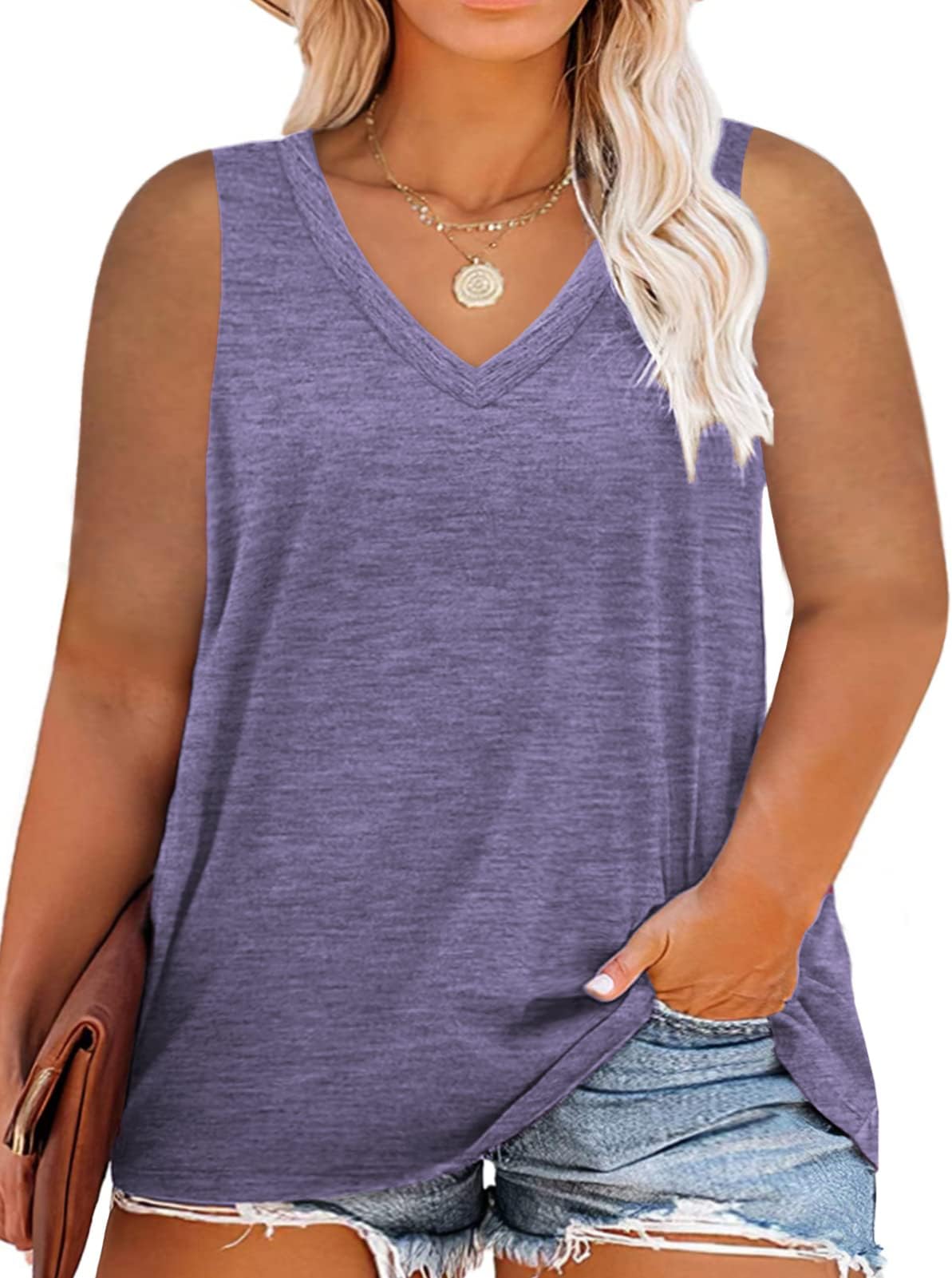ROSRISSPlus Size Tank Tops for Women Summer Sleeveless T Shirts V Neck Tunics