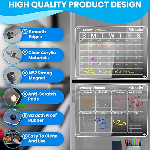 Miniatura 4 de Calendario acrílico para refrigerador, calendario transparente de 17 x 12 pulgadas, 2 pizarras de borrado en seco para pared y vidrio con ventosas,