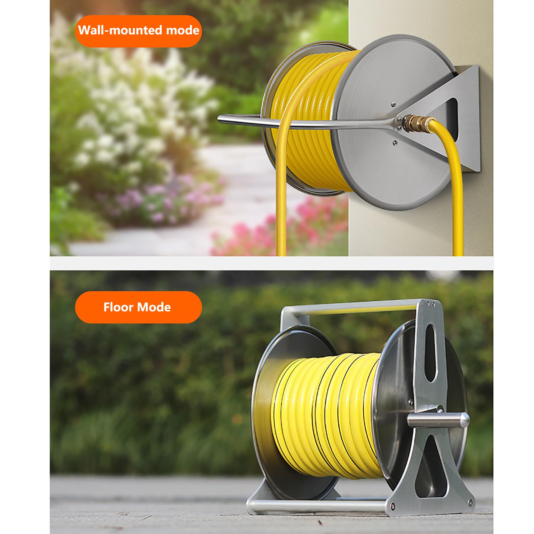 Carrete de manguera de jardín de acero inoxidable con guía de manguera integrada, estante de almacenamiento portátil de tubería de agua para lavado de coche, 131 pies de capacidad de 1/2