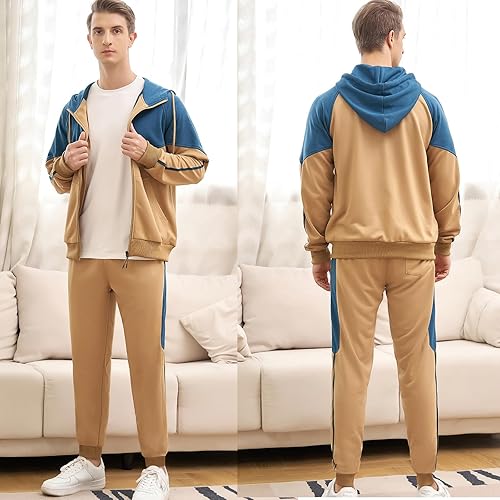 Miniatura 3 de CALUOMATT Chándal deportivo con capucha para hombre, manga larga, con cremallera completa, 2 piezas, de retazos