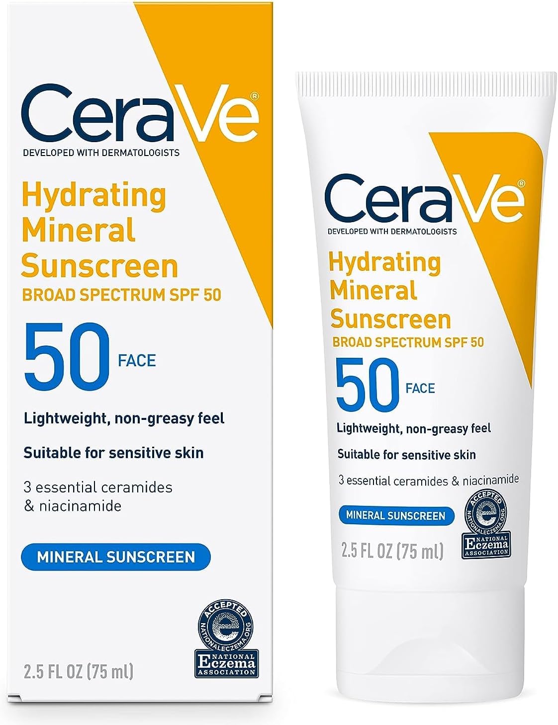 CeraVe 100% Mineral Sunscreen SPF 50, Face sunscreen With Zinc Oxide & Titanium Dioxide, Hyaluronic Acid + Niacinamide + Ceramides, Oil Free, Travel Size 2.5 oz