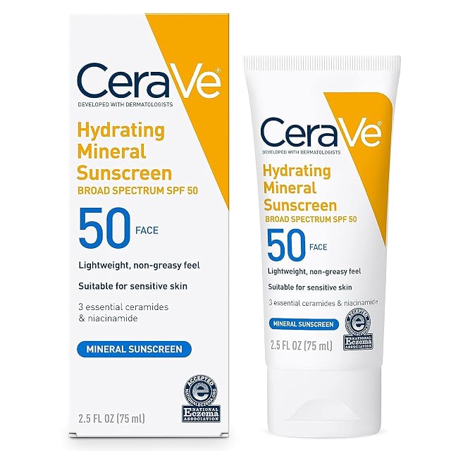 CeraVe 100 Mineral Sunscreen SPF 50 Face sunscreen With Zinc Oxide Titanium Dioxide Hyaluronic Acid Niacinamide Ceramides Oil