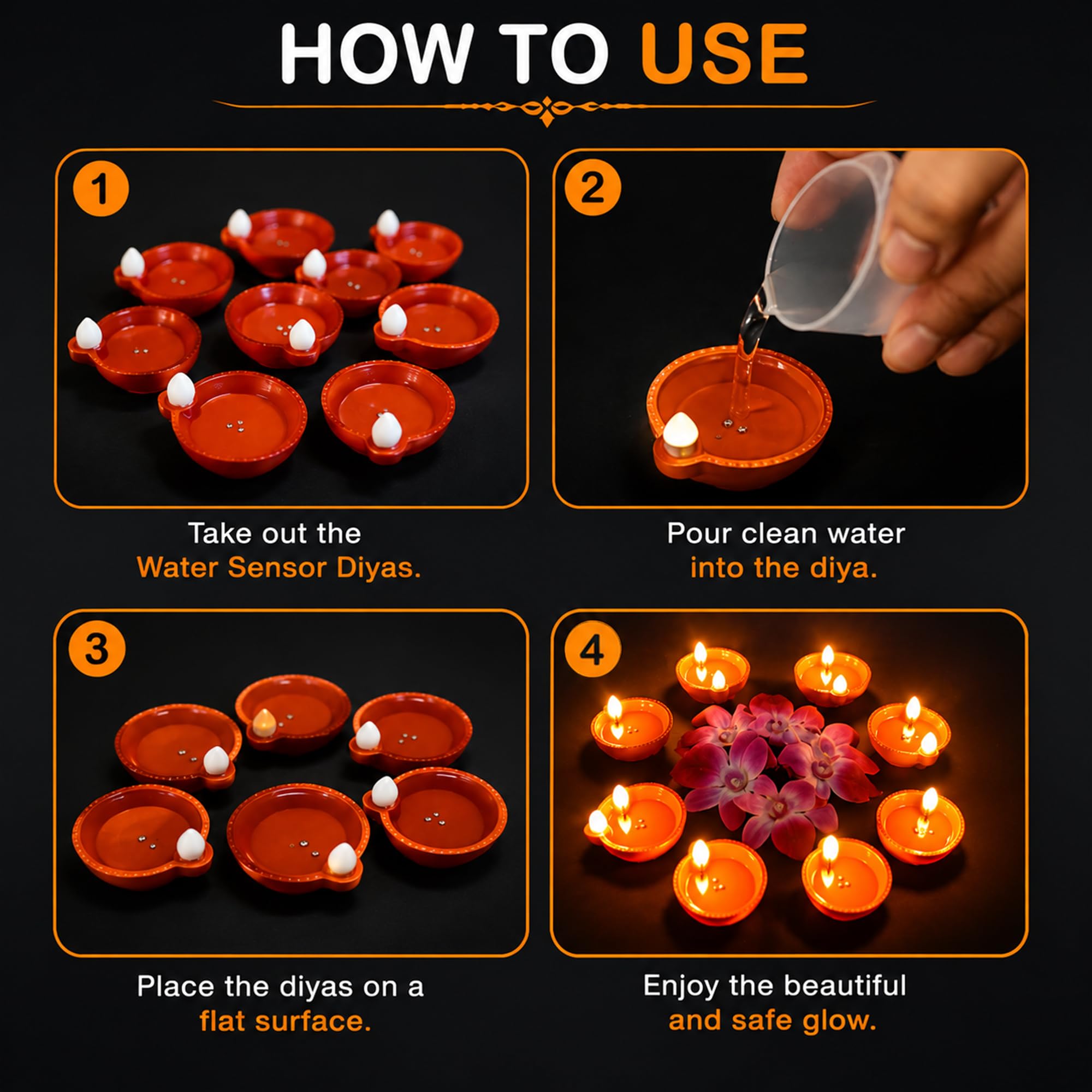 BONZELLA 24 Pcs Water Sensor Diya Lights Electric Flameless & Smokeless LED Diyas | Eco-Friendly Led Diya Candle Warm Ambient Lights for Home Decor, Diwali Festivals Decoration, Christmas, New Year 4