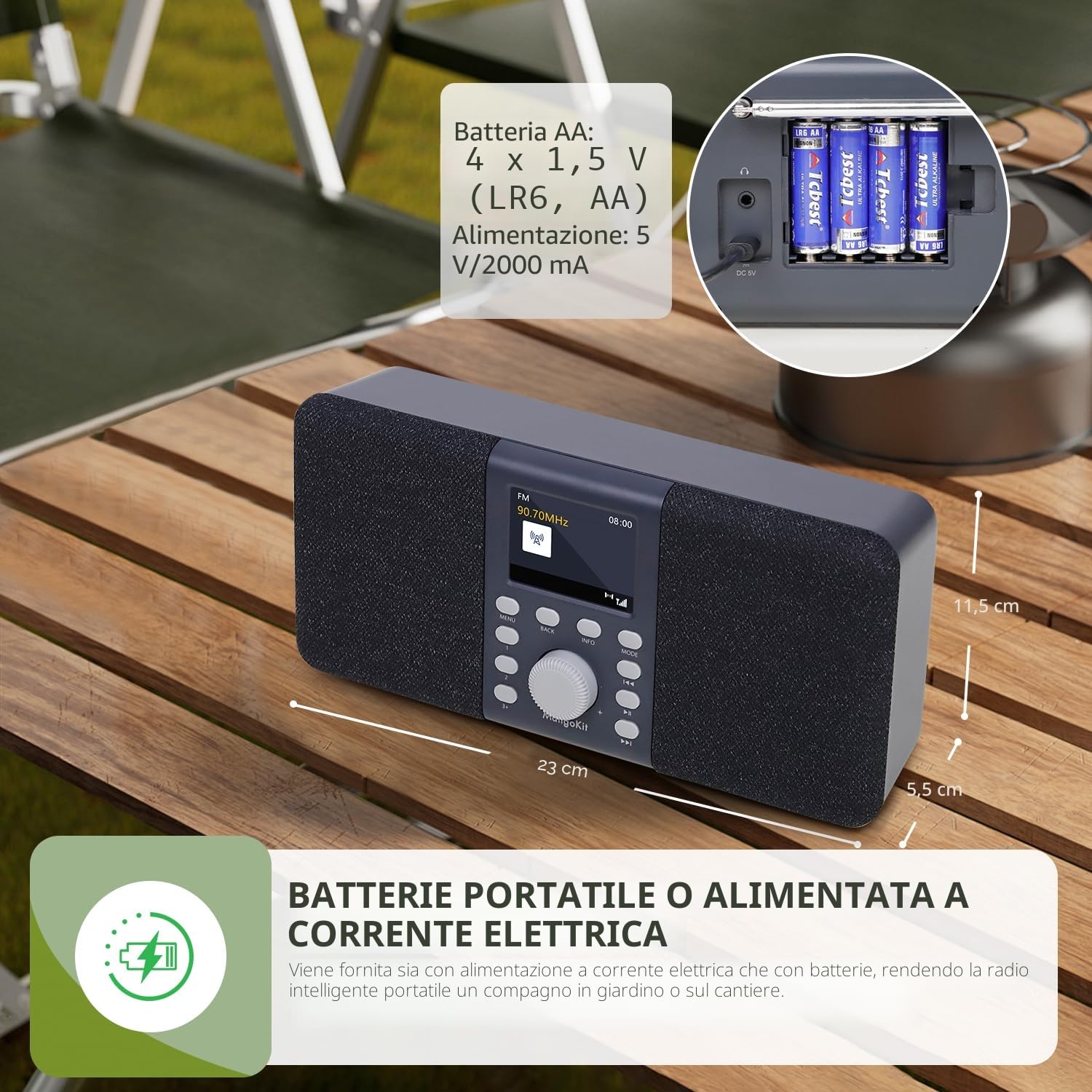 MD5 DAB stereo con altoparlante Bluetooth,digitale DAB+,radio FM da alimentata a rete e a batteria,display a colori,40stazioni preimpostate,sveglia e orologio,Snooze,porta cuffie-grigio scuro