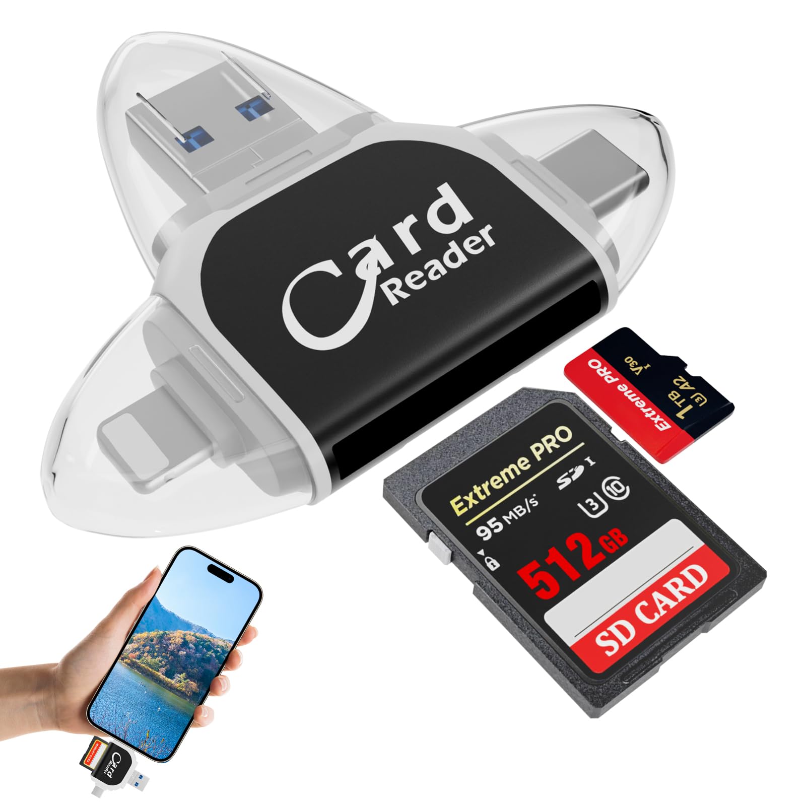 Mineup Multi-Port 4 in1 Universal SD TF Card Reader, SD/Micro SD Memory Card Reader for Android Phone Computer IOS Windows, USB 3.0 External Card Readers, Micro SD Card Camera Memory Card Reader,BK