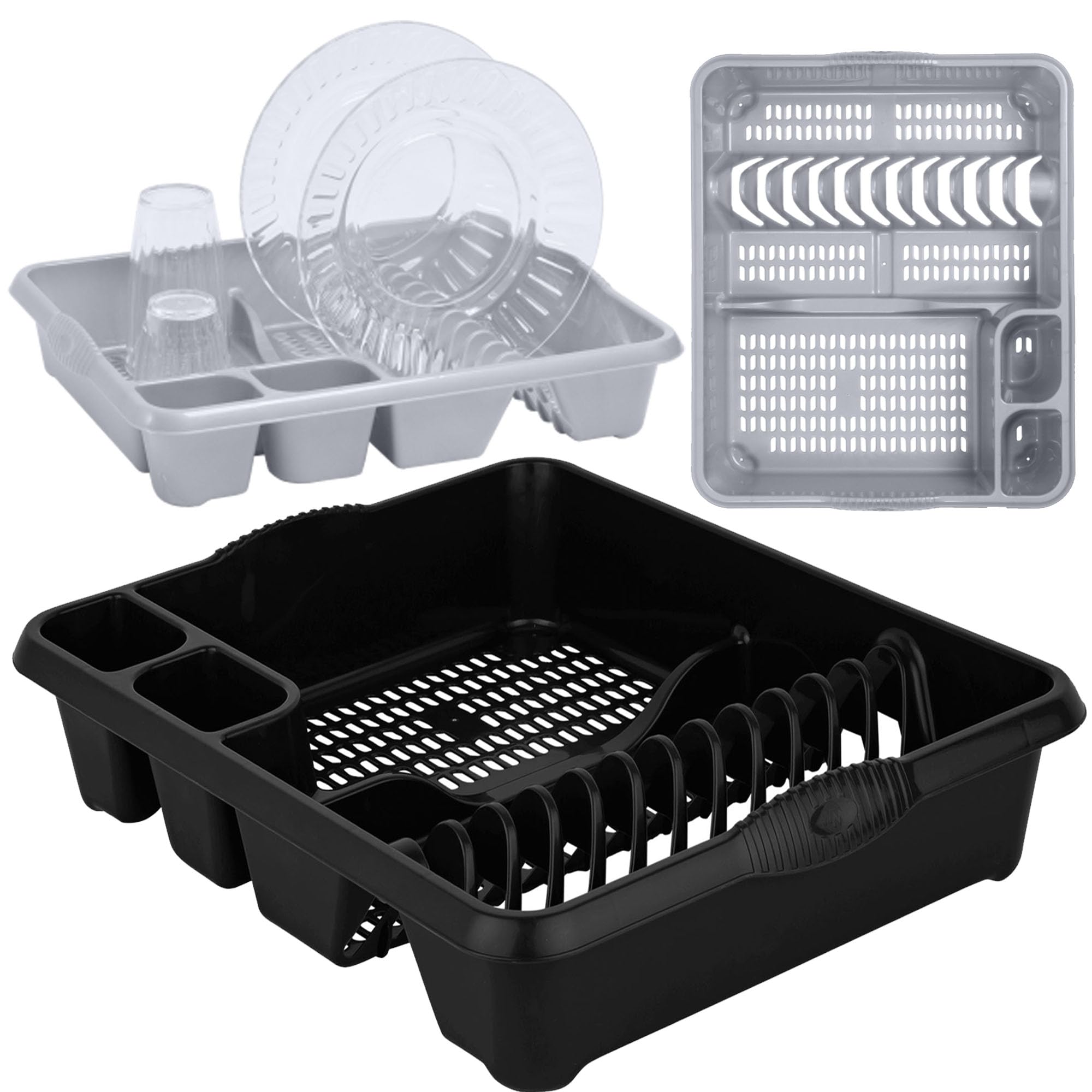STORM TRADING GROUP Large Dish Drainer Silver or Black Kitchen Counter Rack  Strong Cutlery Drainer Integral Handles (1, Black)
