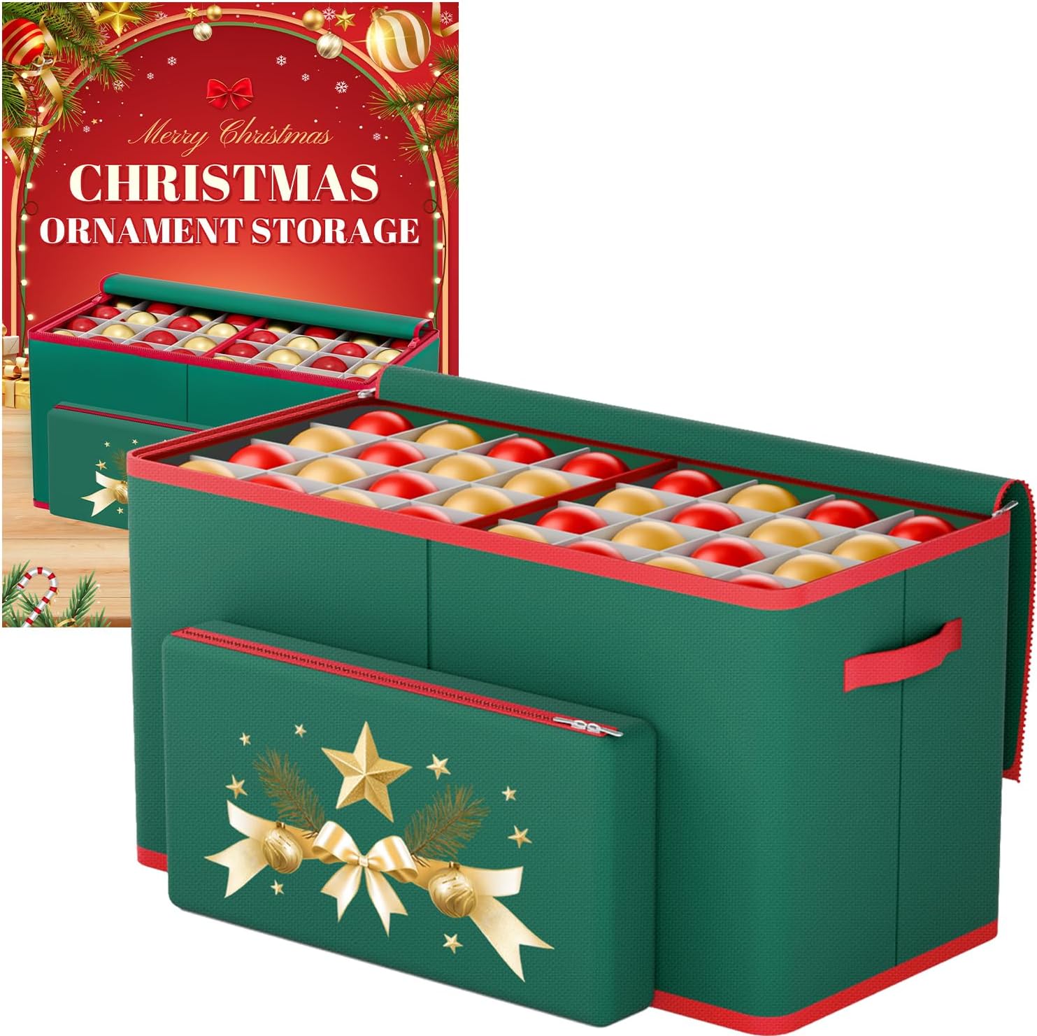 Christmas Ornament Storage Box Fits 128-3'' Holiday Ornaments Christmas Ornament Organizer Storage Box Christmas Decorations with Dividers 128 Ornaments Green