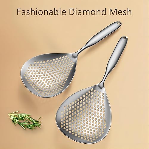 Miniatura 3 de GREATLINK Colador grande de acero inoxidable con mango cómodo y agujeros para colgar, cuchara de filtro de grado alimenticio, colador de acero