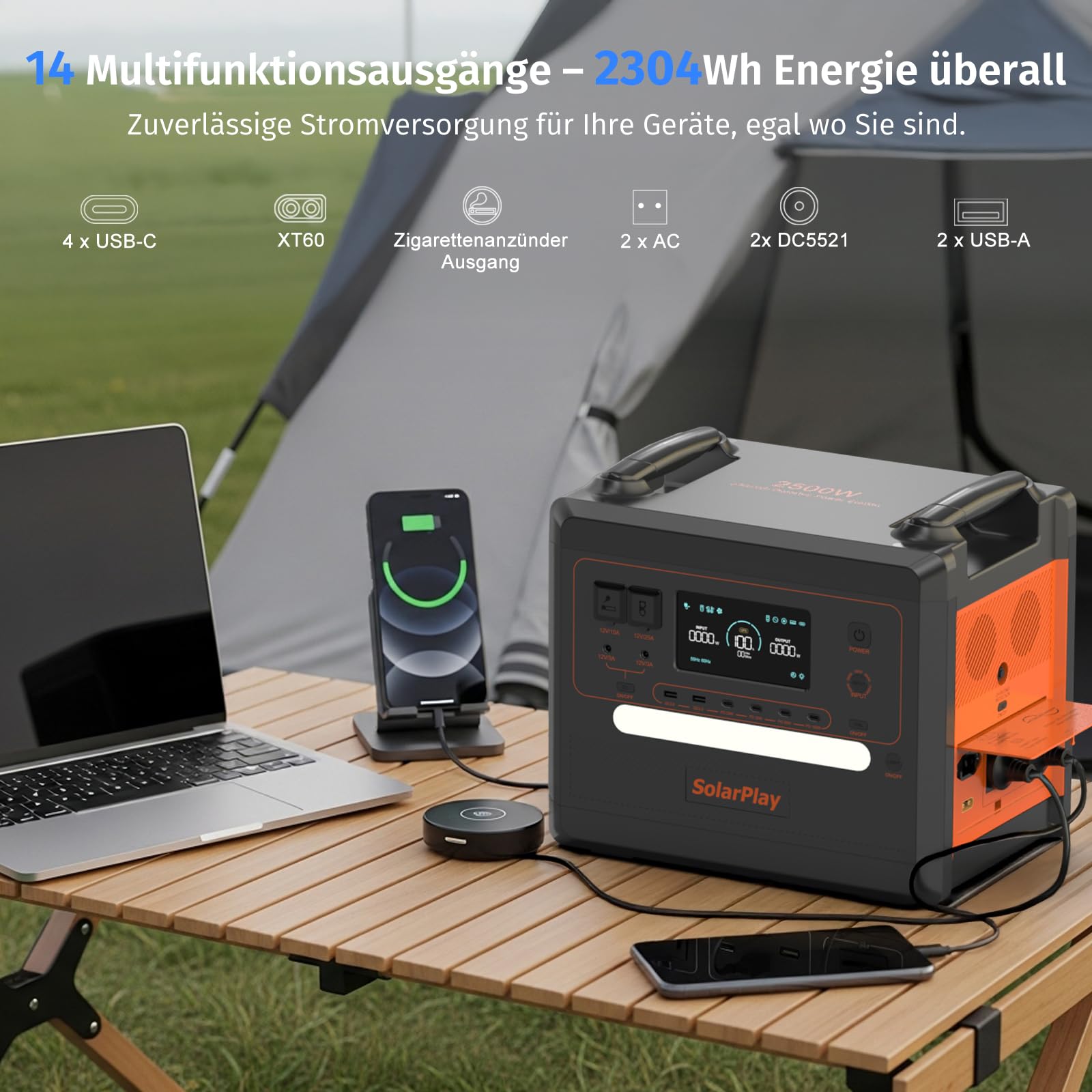 SolarPlay Powerstation, 2304 Wh LiFePO4 Batterie-Backup mit 2500W AC Ausgängen (5000W Peak), Power Station für Camping, Wohnmobil, Off-Grid