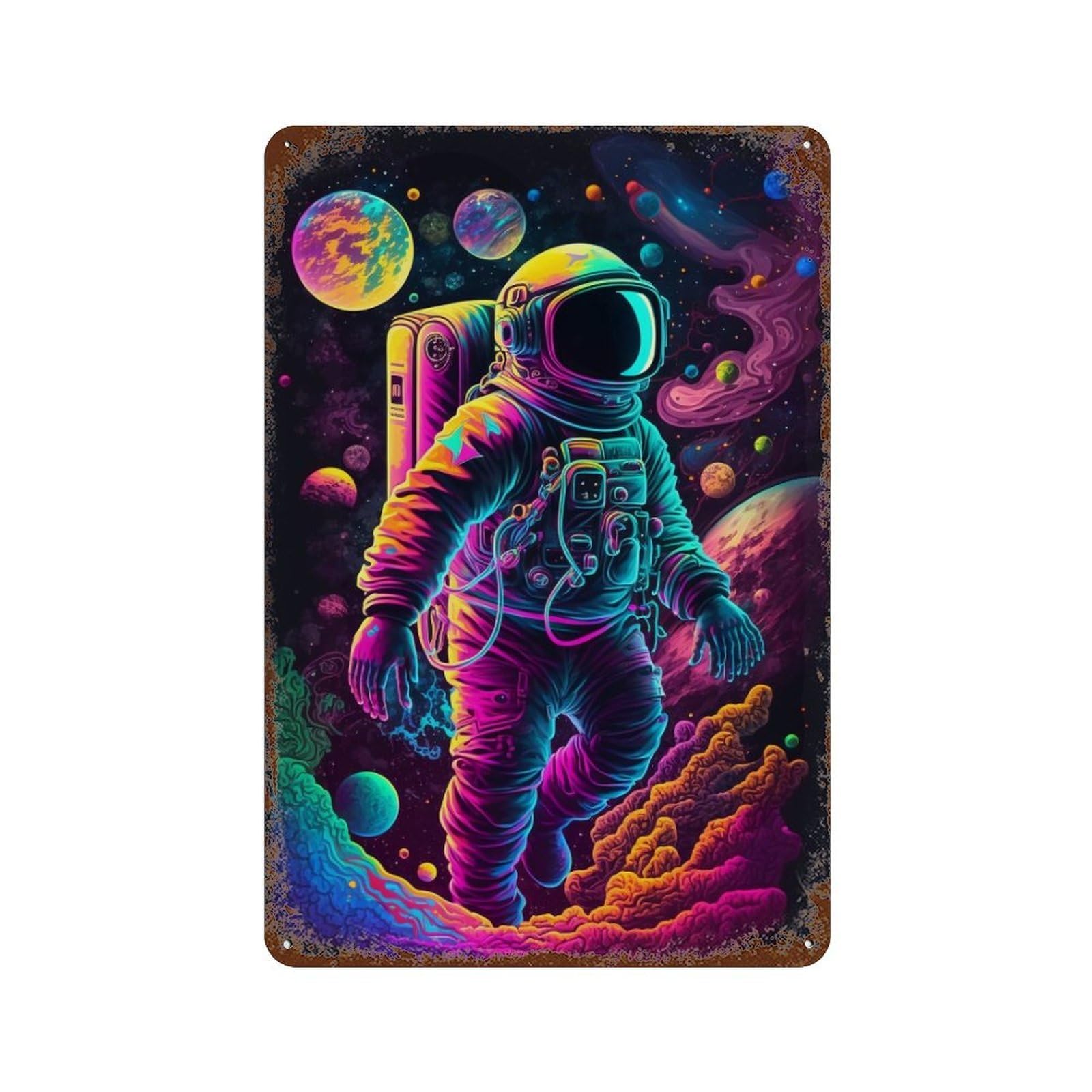 Rusty Metal Tin Sign Neon Astronaut in Space 11.8"x7.9", Rustic Home Decor for Shed, Workshop And Garage Wall Decor