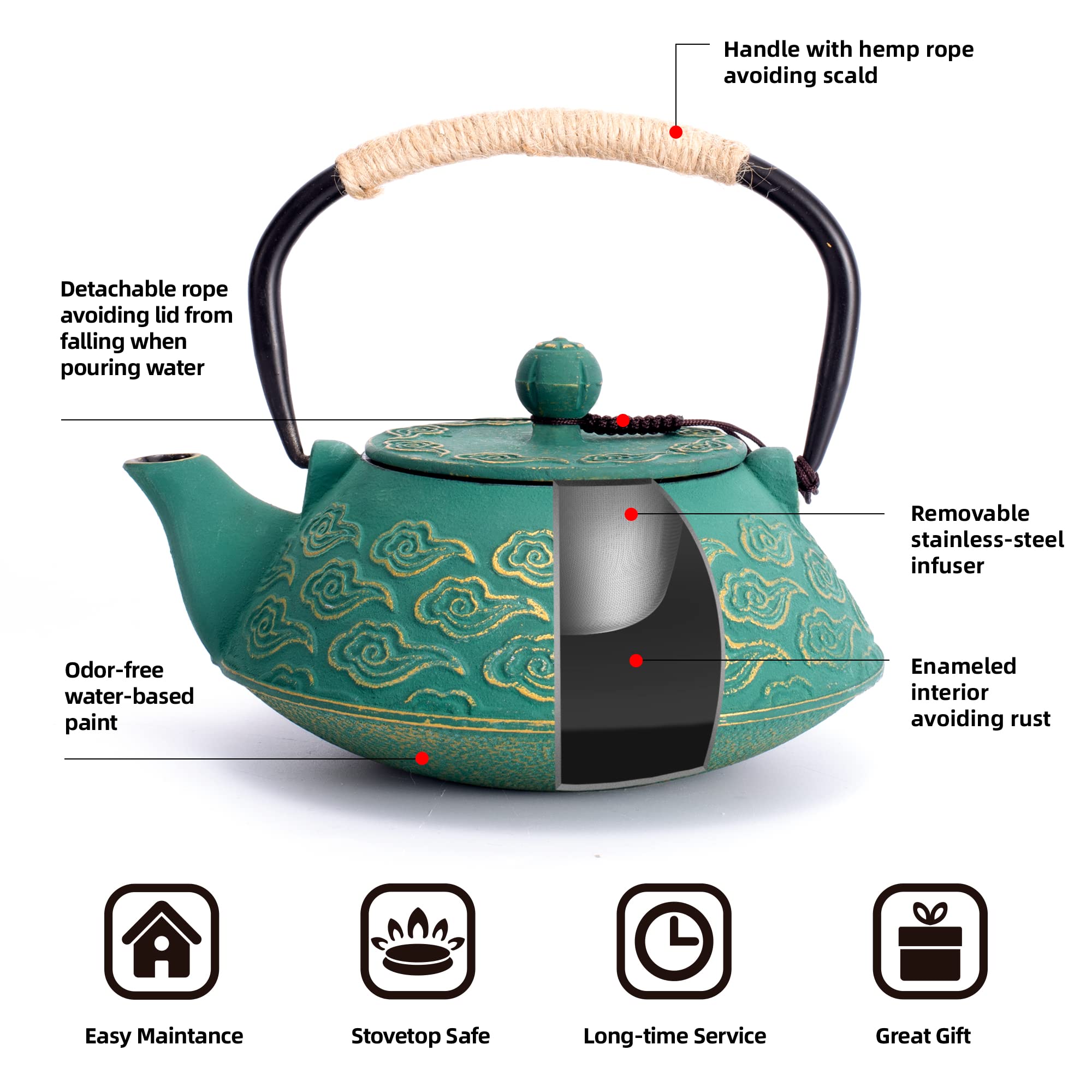 Théière japonaise en fonte avec infuseur pour feuilles en vrac, qui va sur la cuisinière, avec revêtement intérieur émaillé, motif nuages, 800 ml, vert