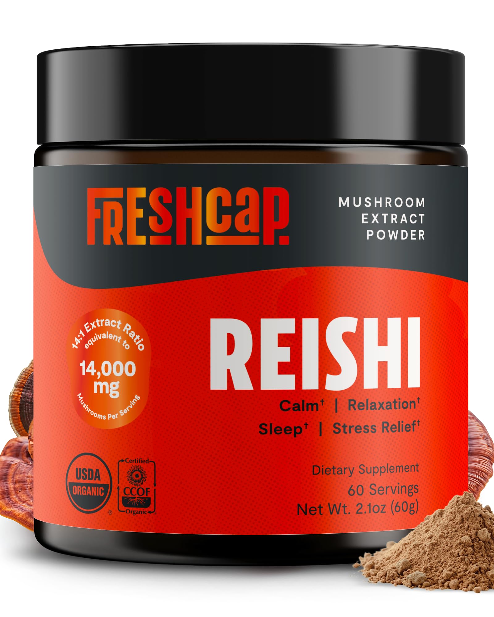 FreshCap Mushrooms Reishi Mushroom Powder 14,000mg - Organic Mushroom Extract Supplement Powder, Ayurveda Nootropic Red Reishi Supplement Blend (60 Servings)
