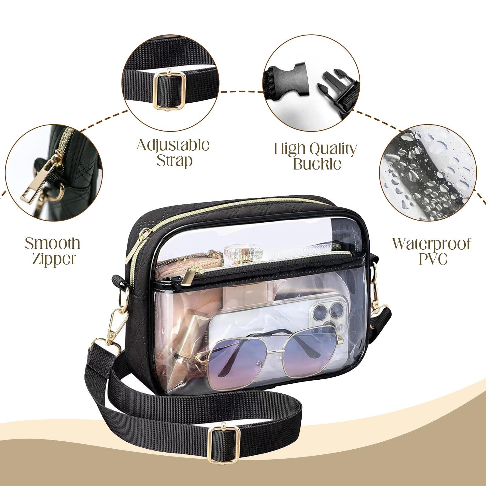 Durchsichtige Umhängetasche, PVC Transparente Tasche Damen Crossbody Schultertasche Wasserdichte Sling Bag mit Verstellbarem Gurt für Konzerte Sportveranstaltungen Shopping Wandern