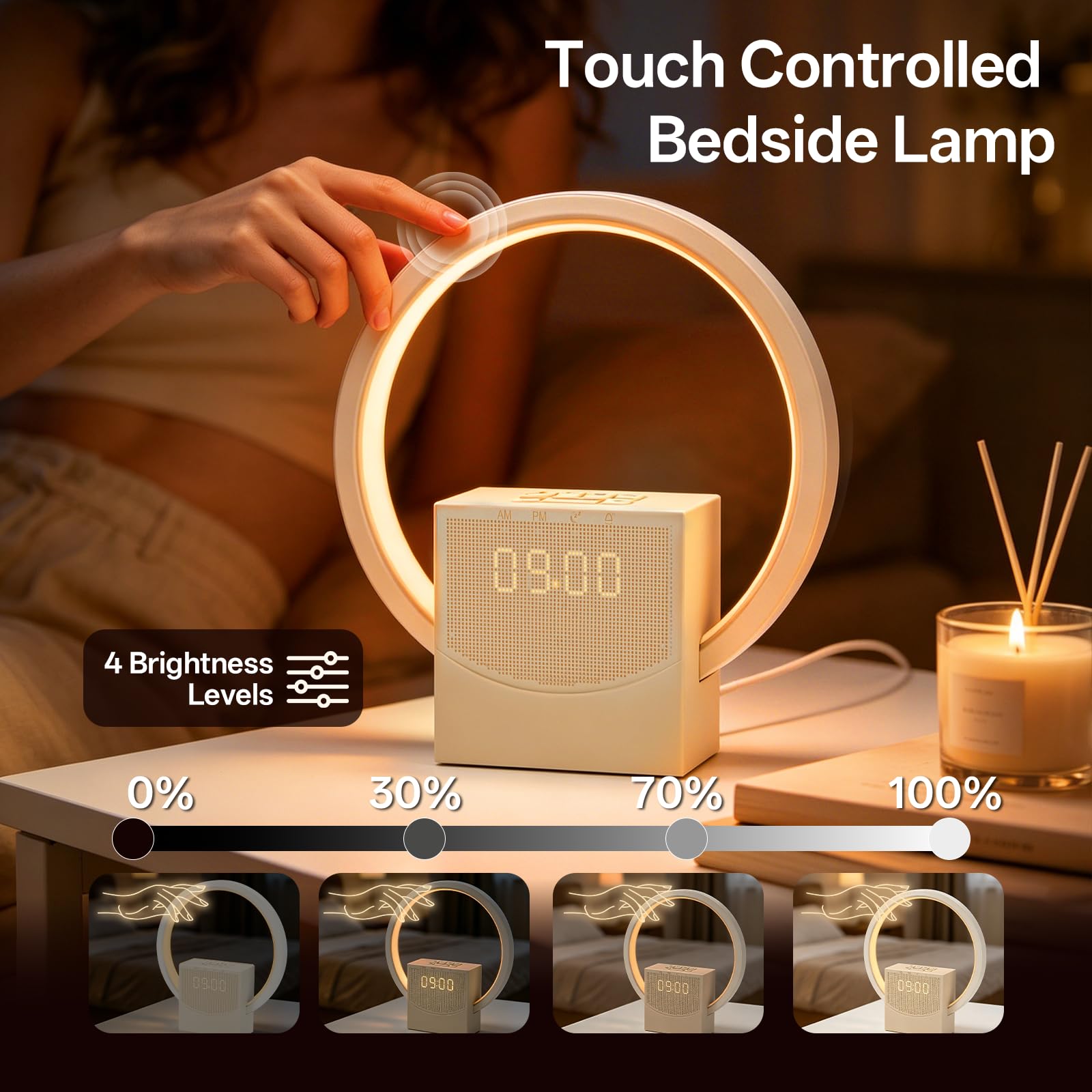 Reveil Simulateur d'aube, Lampe de Chevet Tactile avec fonction de Charge USB, Intelligent Réveil Lumineux, 3 Modes Intensité d'Éclairage, 8 Sons Naturels, aide au sommeil pour bébés et adultes