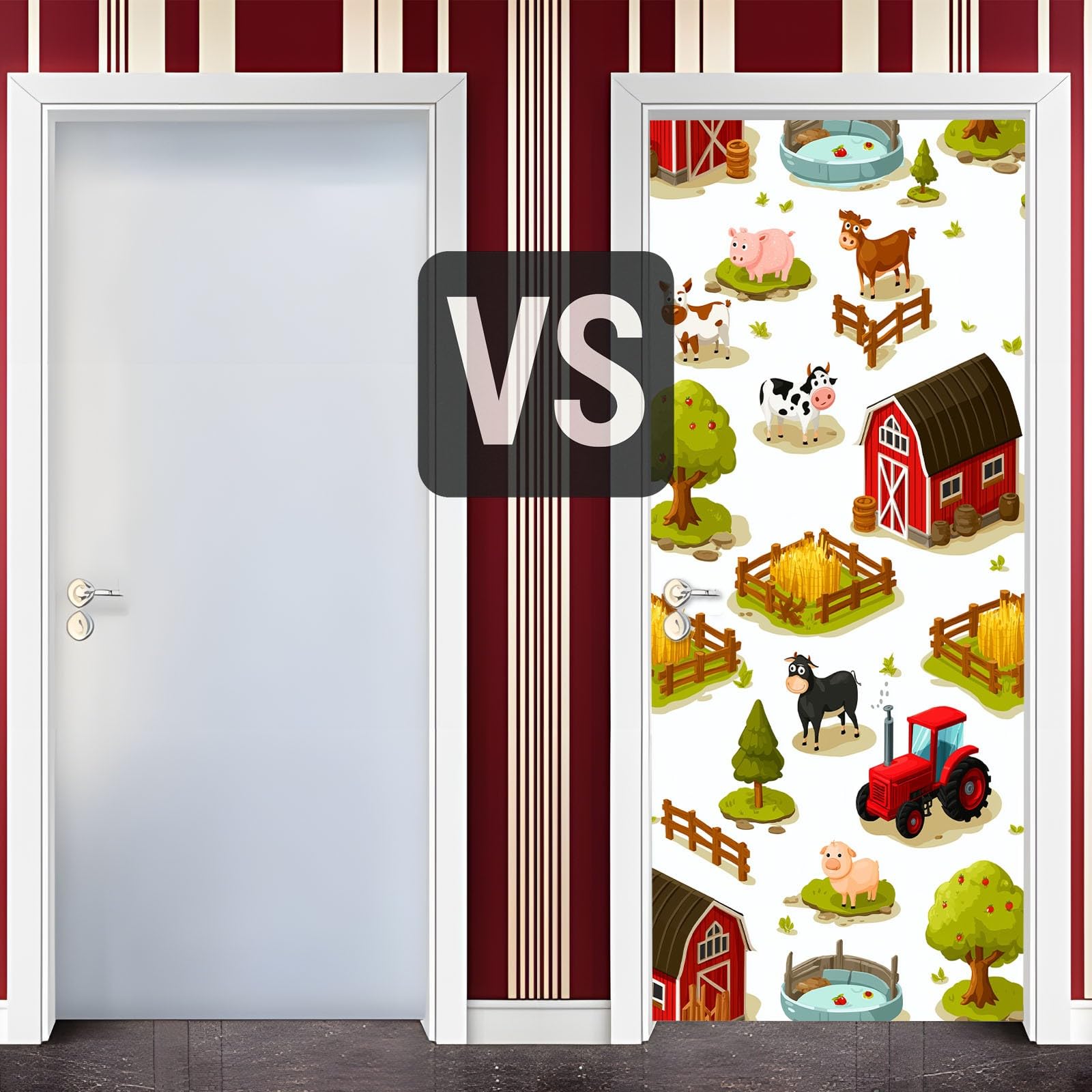 Biała kreskówka, stodoła, folia na drzwi, plakat na drzwi, plakat 80 x 210 cm – wodoszczelna, zdejmowana naklejka na drzwi z PCW, śliczna naklejka na drzwi z motywem zwierząt gospodarskich
