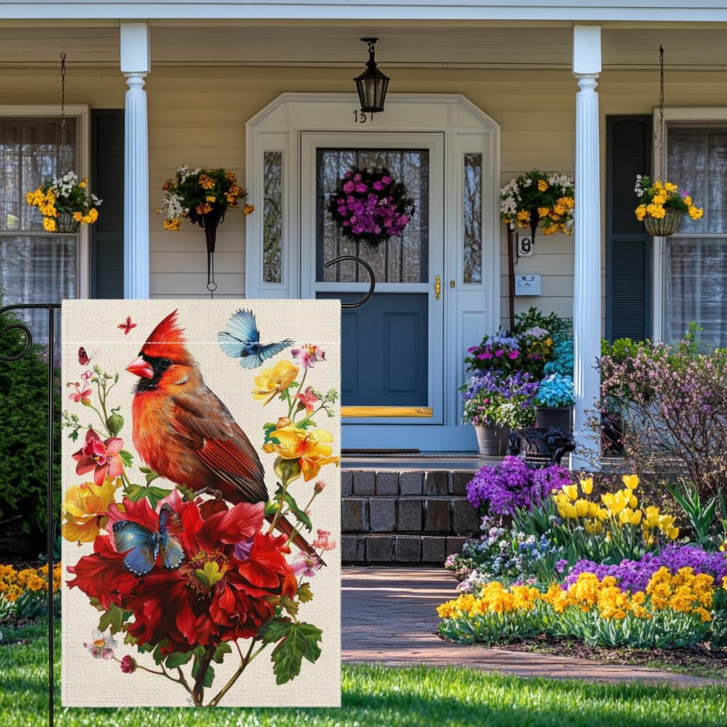 Red Bird Butterfly Flowers Garden Flag 12x18 Inch Double Sided Spring Summer Cardinal Flower Yard Outdoor Flag House Holiday Outside Decoration - Image 4