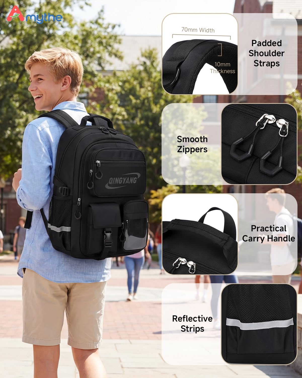 Amythe Mochilas Escolares para Niños Adolescentes, Mochila Instituto Ergonomica para Chico 10-22 Años, Mochila Niño Grande Impermeable Ligera, Colegio Viajes Vuelta al Cole, Negro