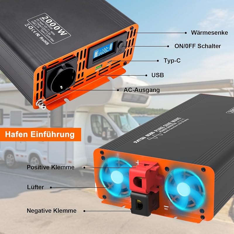 DATOUBOSS Feszültségátalakító 12V-230V 2000W/4000W Tiszta Szinusz Inverter LCD Kijelzővel, USB és Type-C Porttal Lakóautóhoz, Autóhoz