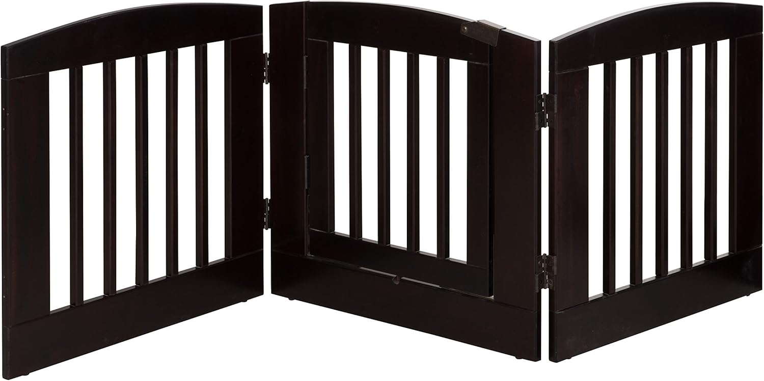 BarkWood Pets Freestanding Pet Gate with Walk-Thru Door and Three 24"W x 24"H Folding Wood Panels, Cappuccino