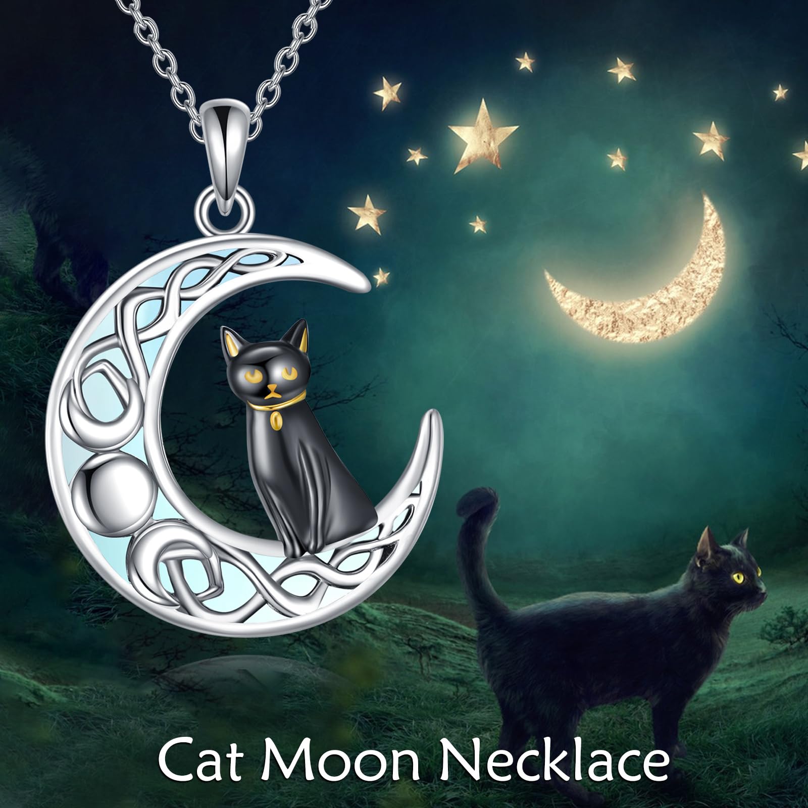 KZX Schwarze Katze Mond Halskette Katze Geschenke für Katzenliebhaber Sterling Silber Katzen Halskette auf dem Mond Anhänger Halskette keltischen Schmuck Geschenke für Frauen Mädchen