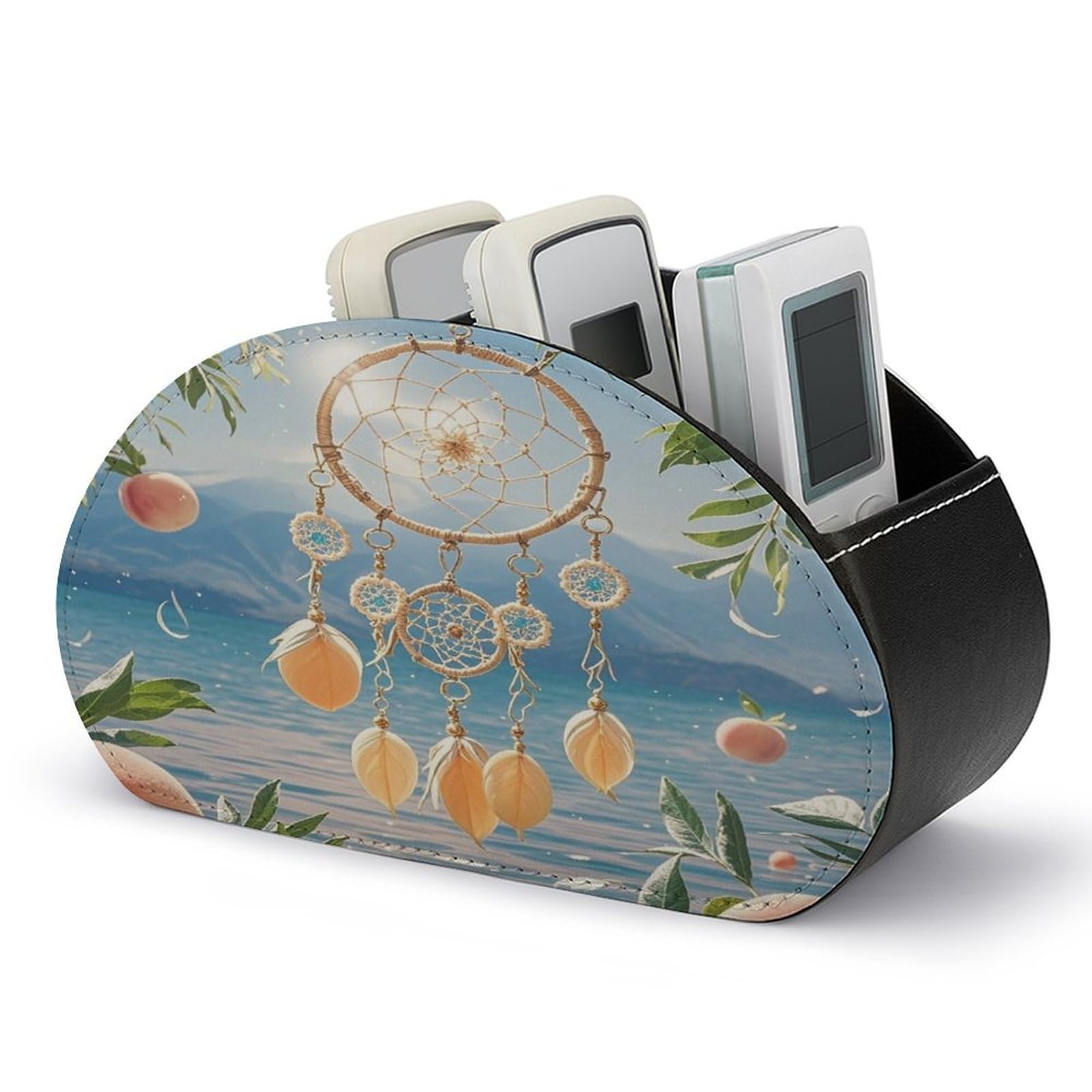 VstaDank Peach Dream Catcher Remote Control Holder with 5 Compartments PU Leather TV Remoter Caddy Desktop Organizer TV Remote Holder Remote Box for Media Controllers Office Supplies