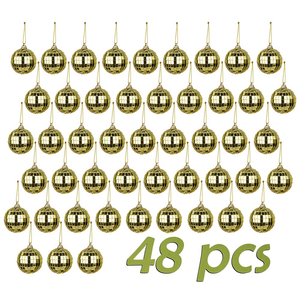 Okngr Small Disco Ball Decorations Gold Mirror Ball Ornaments, 48 Pcs Party Hanging Balls Pendants Christmas Xmas Tree Balls Decoration for Holiday Wedding Dance and Music Festivals, Include Rope