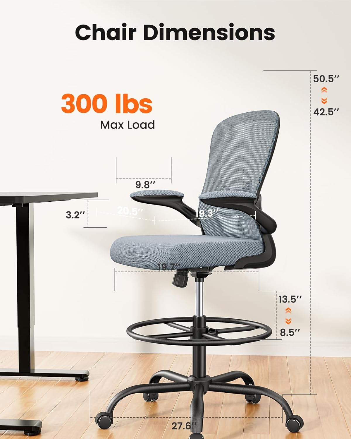 ErGear Drafting Chair,Tall Office Chair with Flip-Up Armrests, High Desk Chair Adjustable Height and Adjustable Footrest Ring, Ergonomic Standing Desk Chair with Lumbar Support, Blue thumbnail