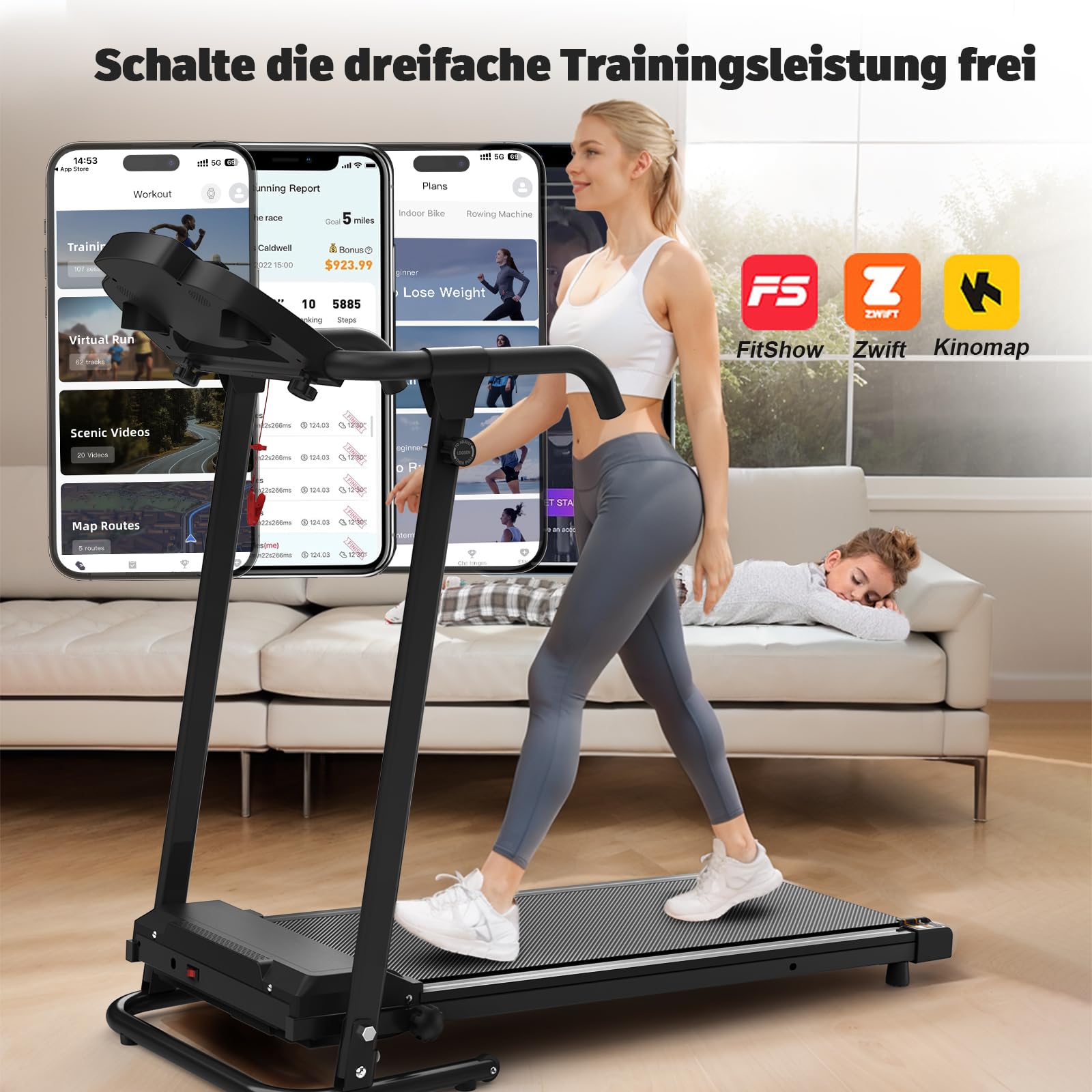 Generisch Bieżnia biurkowa 2 w 1, składana, nośność 120 kg, sterowanie aplikacją + 15 programów treningowych, potrójna amortyzacja, bieżnia do chodzenia, biegania, joggingu, domu i biura
