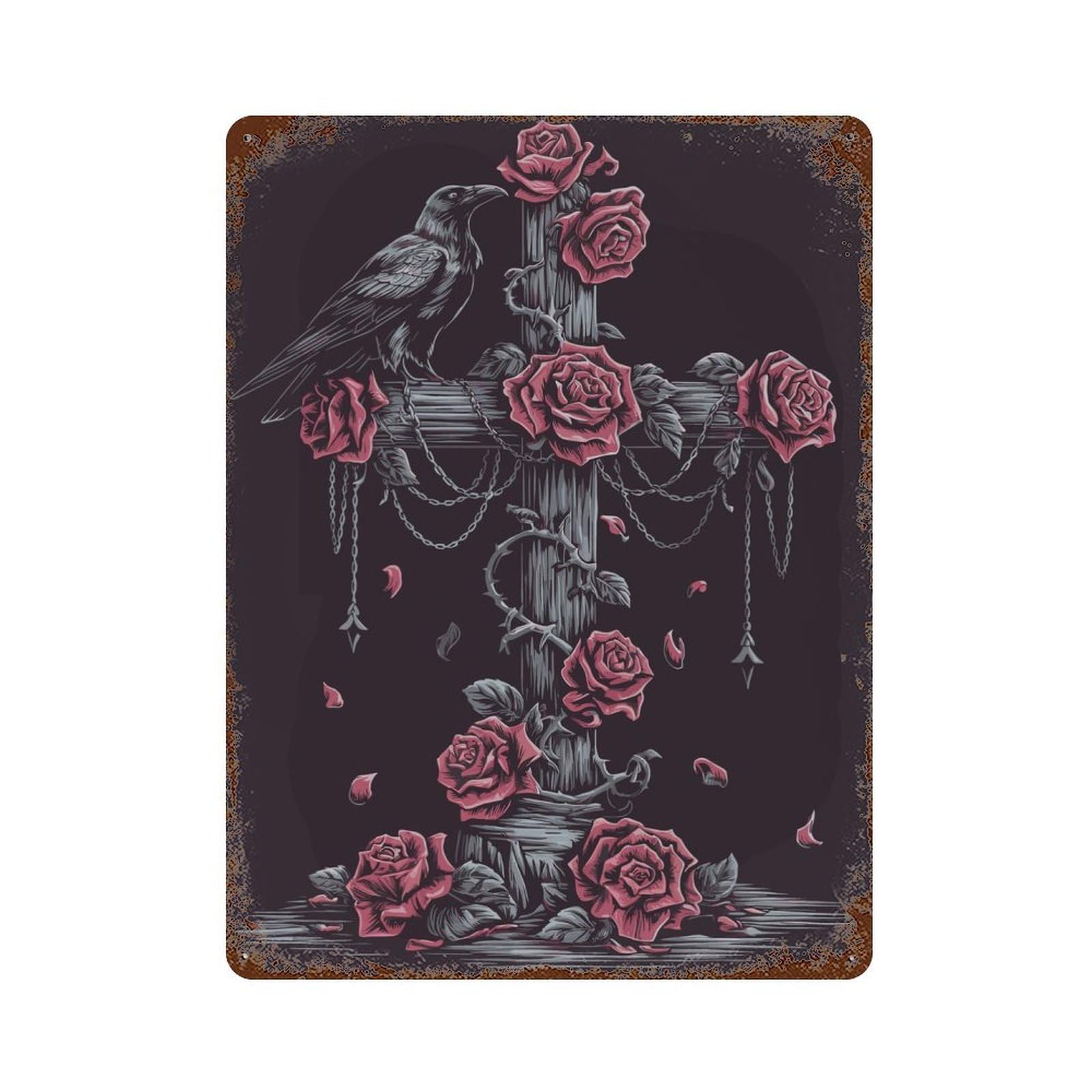 Rust Effect Tin Sign Gothic Raven And Roses Cross 15.7"x11.8", Vintage Wall Decor for Basement, Hobby Room And Garage Decor