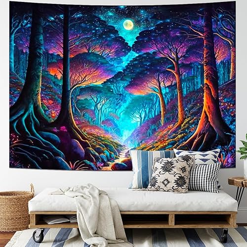 Miniatura 2 de Yuiqear Tapiz de bosque de fantasía, tapiz de árbol de la vida, tapiz Trippy Galaxy Luna, tapices de pared con árboles de bosque brumoso, tapiz